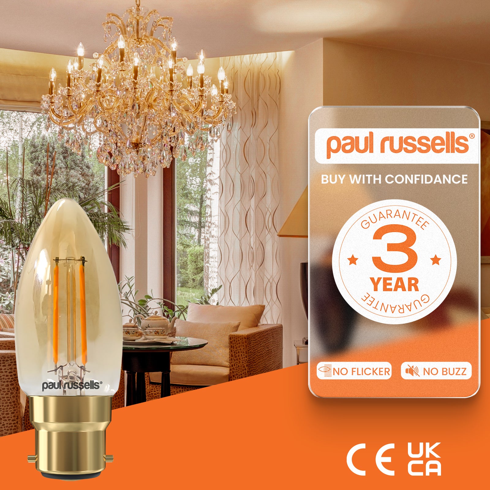 LED Filament Candle 2.5W=20W Extra Warm White Amber 2200K BC B22 Bayonet Cap Bulbs