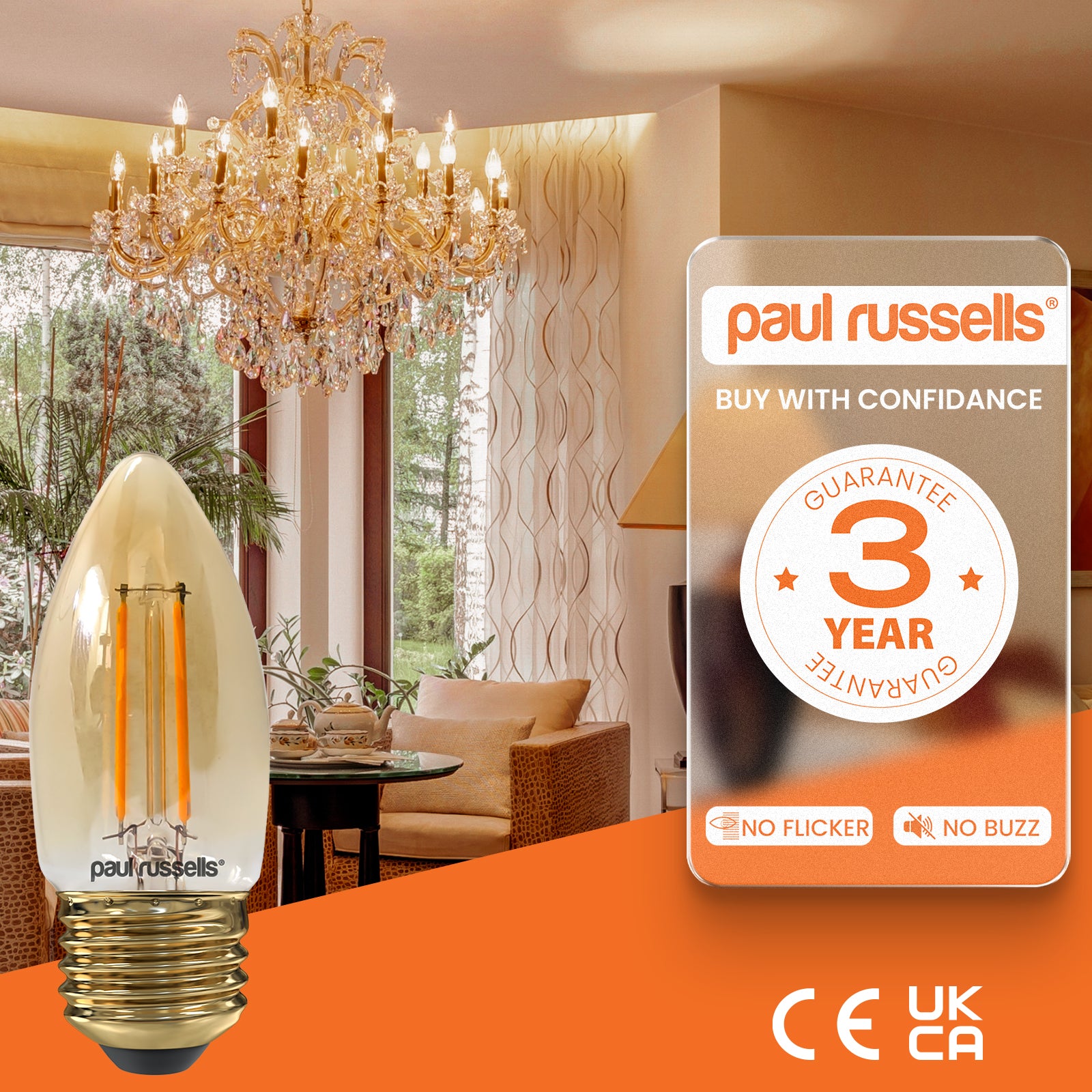 LED Filament Candle 2.5W=25W Extra Warm White Amber 2200K ES E27 Edison Screw Bulbs