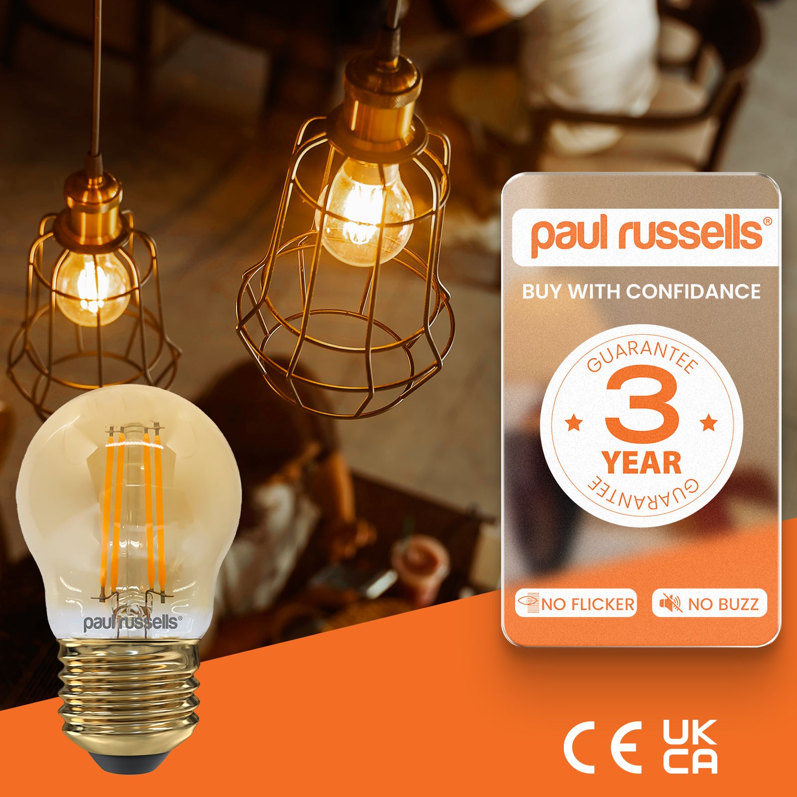 LED Filament Golf Ball 4.5W=35W Extra Warm White Amber 2200K ES E27 Edison Screw Cap Bulbs