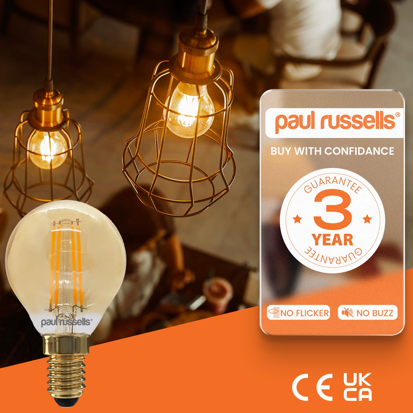LED Filament Golf Ball 4.5W=35W Extra Warm White Amber 2200K SES E14 Small Edison Screw Bulbs