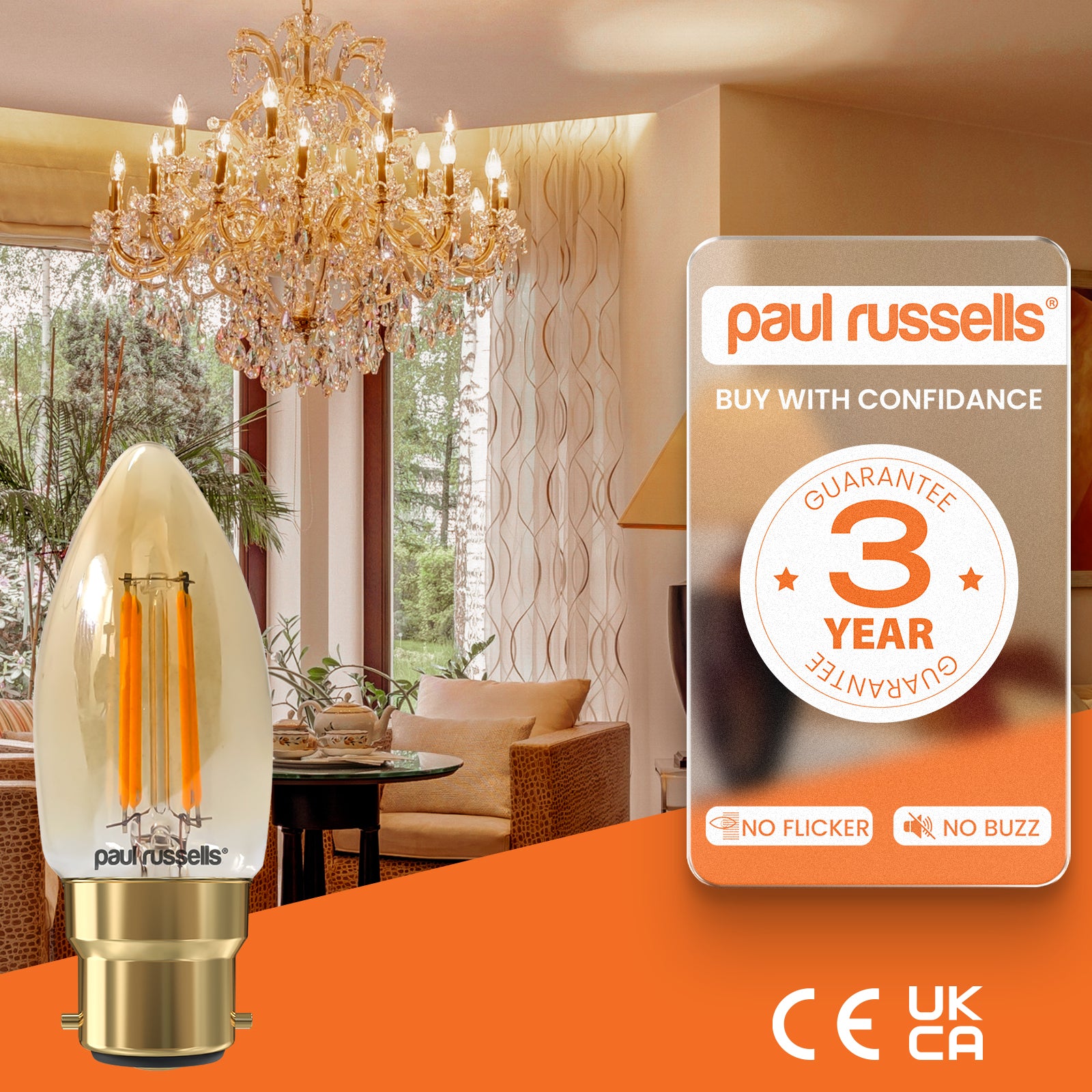 LED Filament Candle 4.5W=35W Extra Warm White Amber 2200K BC B22 Bayonet Cap Bulbs