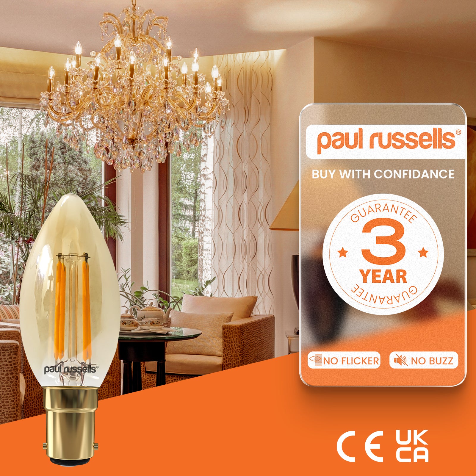 LED Filament Candle 4.5W=35W Extra warm White Amber 2200K SBC B15 Small Bayonet Cap Bulbs