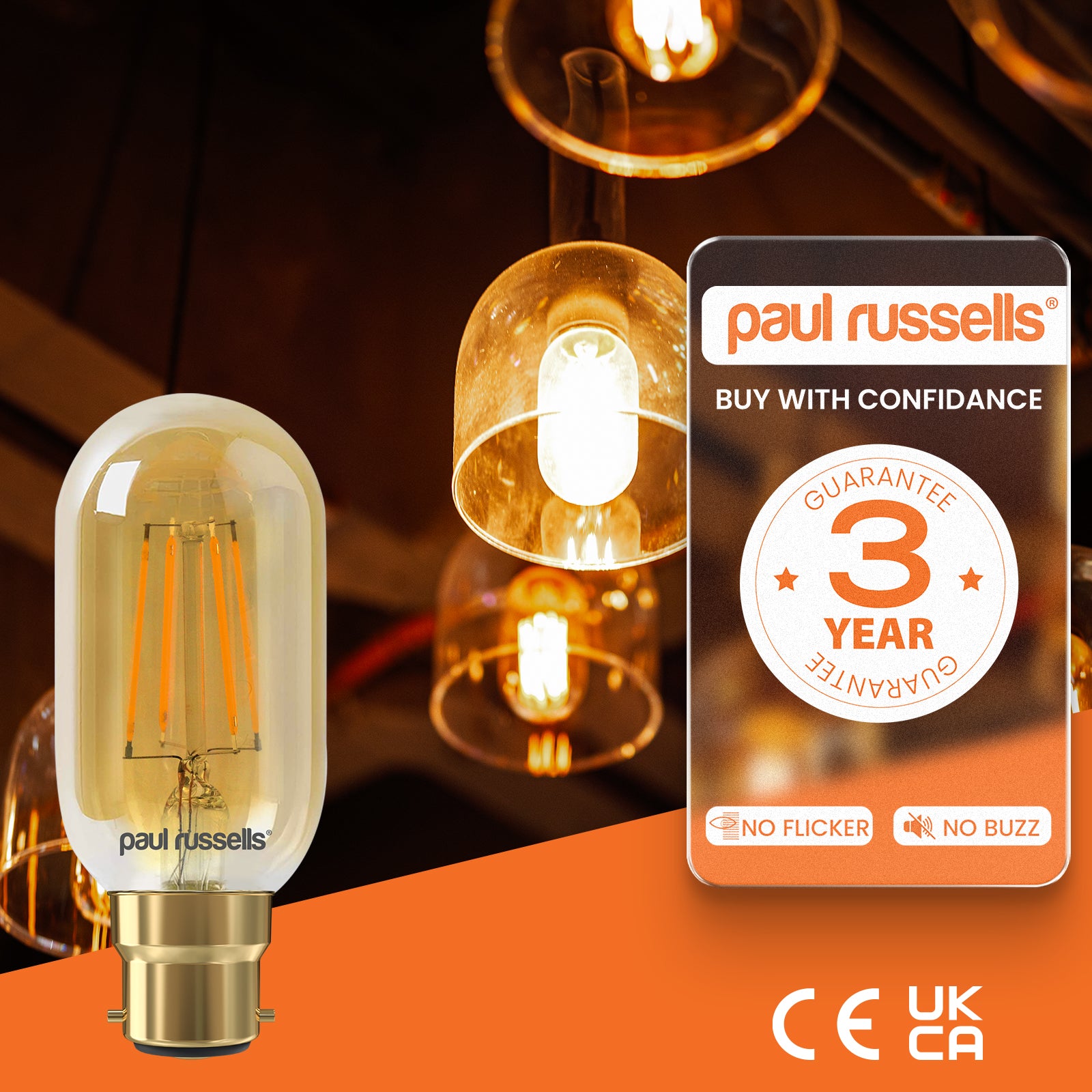 LED Filament T45 4.5W=35W Extra Warm White Amber 2200K BC B22 Bayonet Cap Bulbs