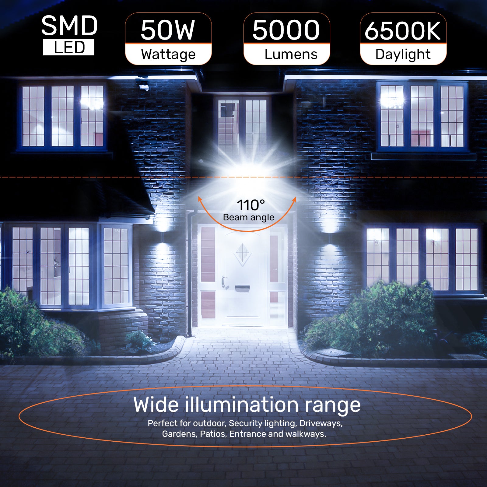 50W, LED Floodlights, 5000 Lumens, 6500K Day Light, Non-Dimmable Spotlights