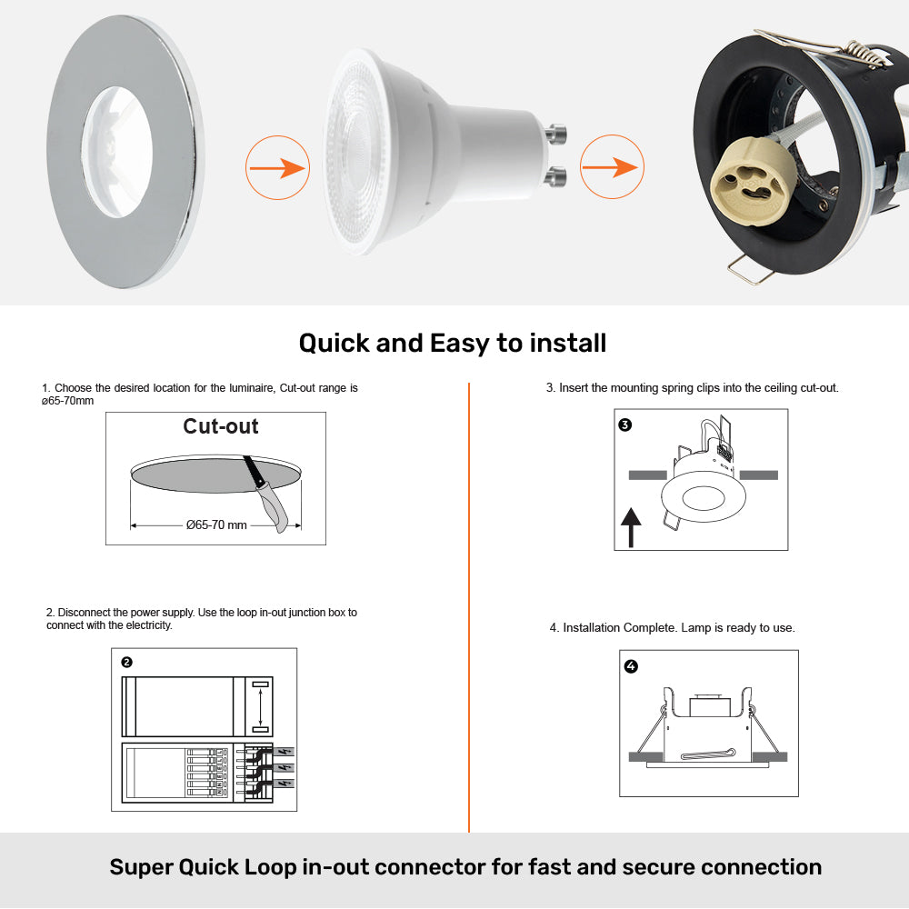 LED Fire Rated Downlights, IP65, Polished Chrome Bezel, Without Bulb
