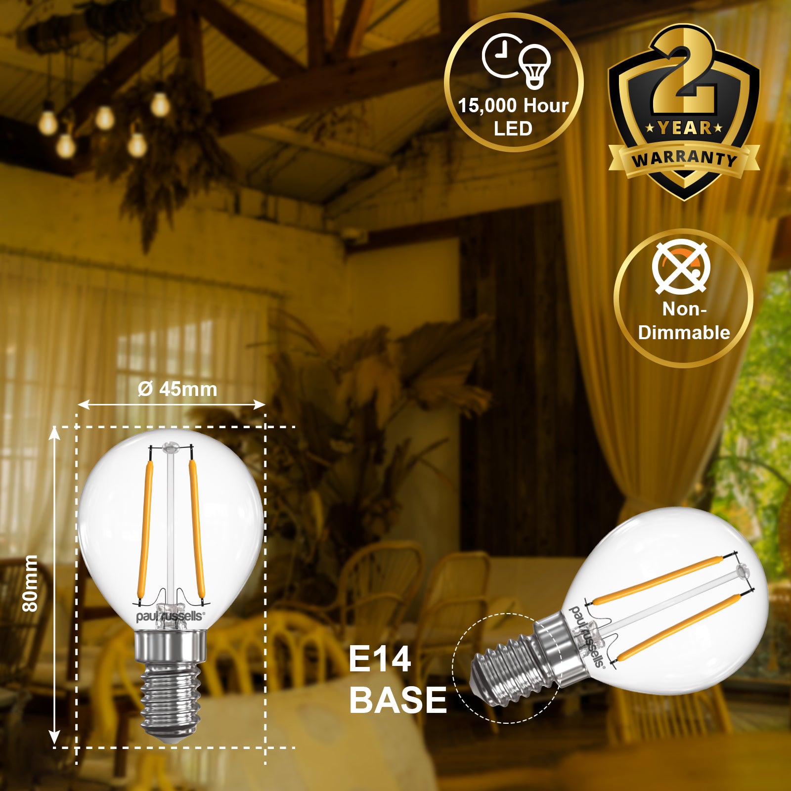 LED Filament GOLF 2.5W=25W Warm White SES E14 Small Edison Screw Bulbs