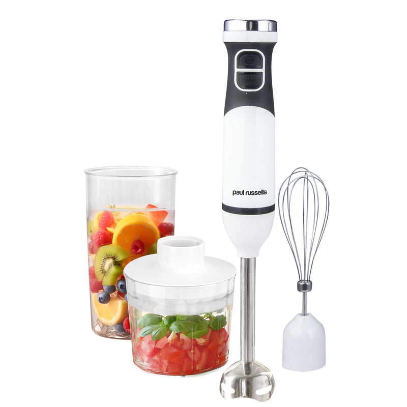 Paul Russell Stainless Steel Hand Blender 3 in 1 Stick Blender with 600W Power, 2-Speed Control, Turbo Function, Low Noise, Detachable Parts - Includes Chopper Cup, Whisk, 500ml Measuring Cup with Lid