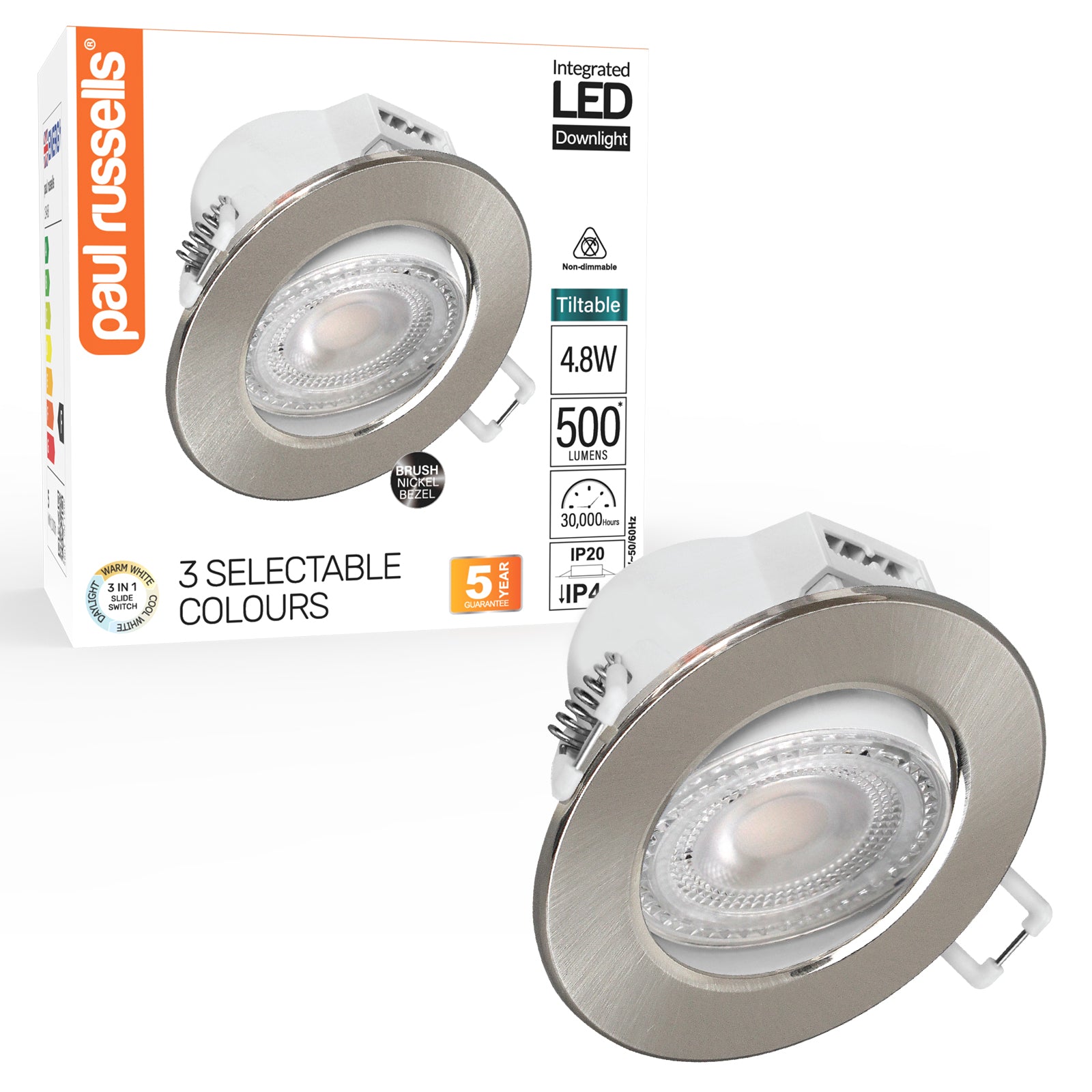 Paul Russells 4.8W LED Non Fire Rated Tiltable Downlight, Warm/Cool/Day White 3 Adjustable CCT, IP44, Brush Nickel Bezel