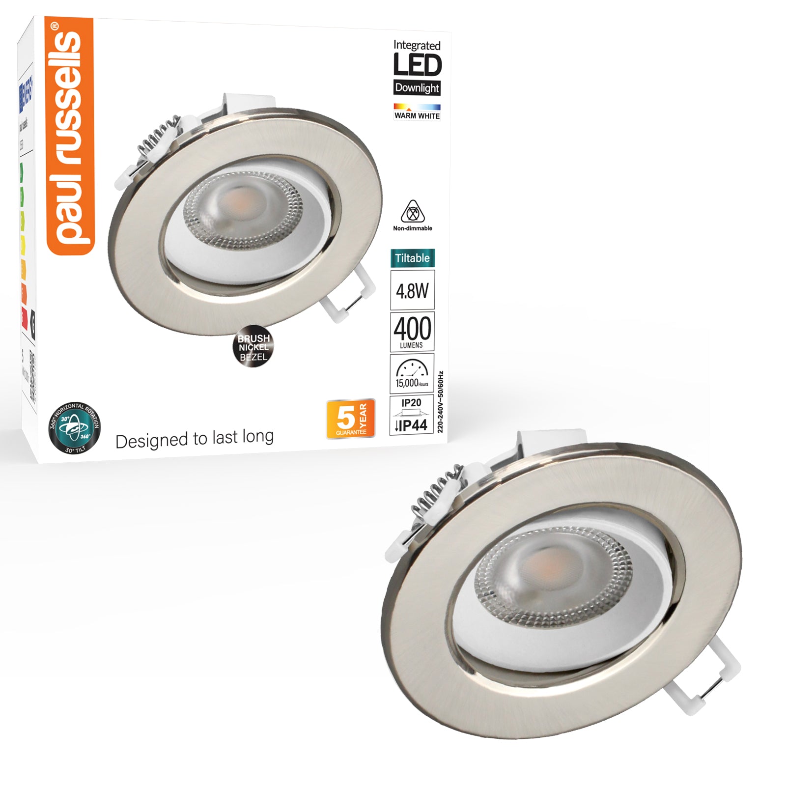 Paul Russells 4.8W LED Non Fire Rated Downlight Tiltable, Warm White 3000K, IP44, Bezel Brush Nickel