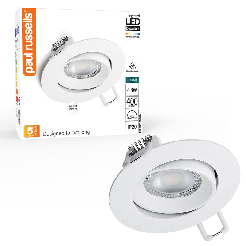 Paul Russells 4.8W LED Non Fire Rated Downlight Tiltable, Warm White 3000K, IP20, Bezel White
