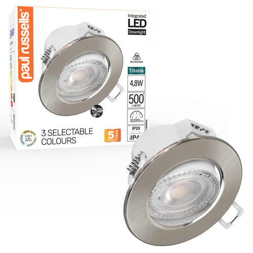 Paul Russells 4.8W LED Non Fire Rated Tiltable Downlight, Warm/Cool/Day White 3 Adjustable CCT, IP44, Brush Nickel Bezel