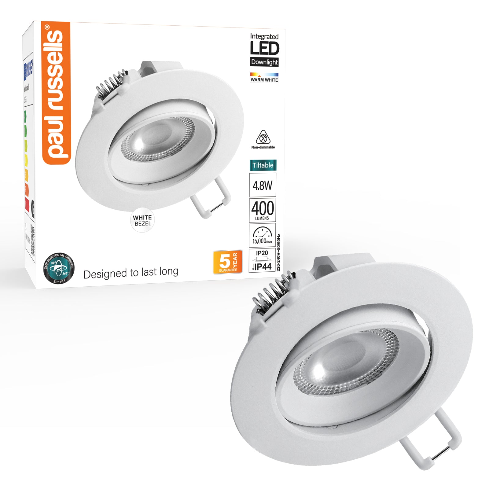 Paul Russells 4.8W LED Non Fire Rated Downlight Tiltable, Warm White 3000K, IP44, Bezel White