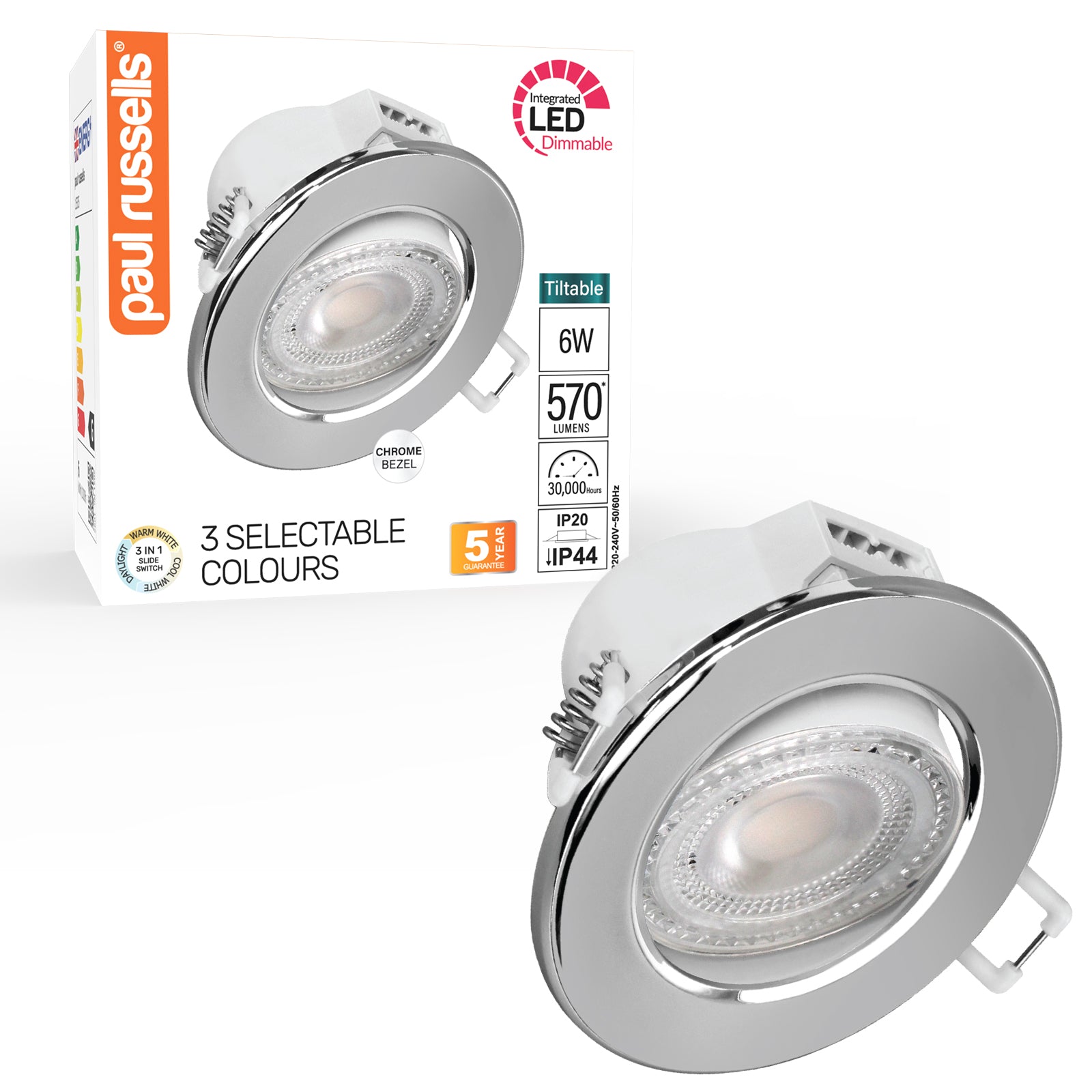 Paul Russells 6W LED Non Fire Rated Tiltable Downlight, Warm/Cool/Day White 3 Adjustable CCT, IP44, Chrome Bezel