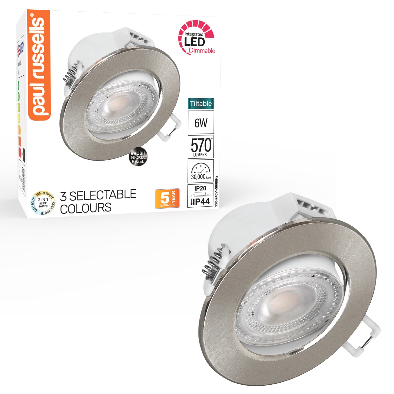 Paul Russells 6W LED Non Fire Rated Tiltable Downlight, Warm/Cool/Day White 3 Adjustable CCT, IP44, Brush Nickel Bezel