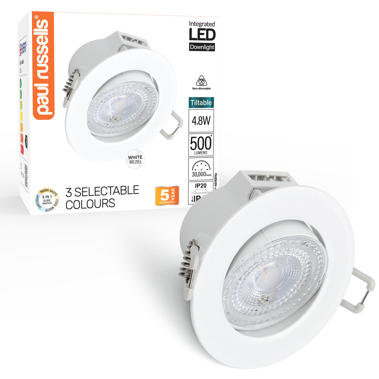 Paul Russells 4.8W LED Non Fire Rated Tiltable Downlight, Warm/Cool/Day White 3 Adjustable CCT, IP44, Bezel White