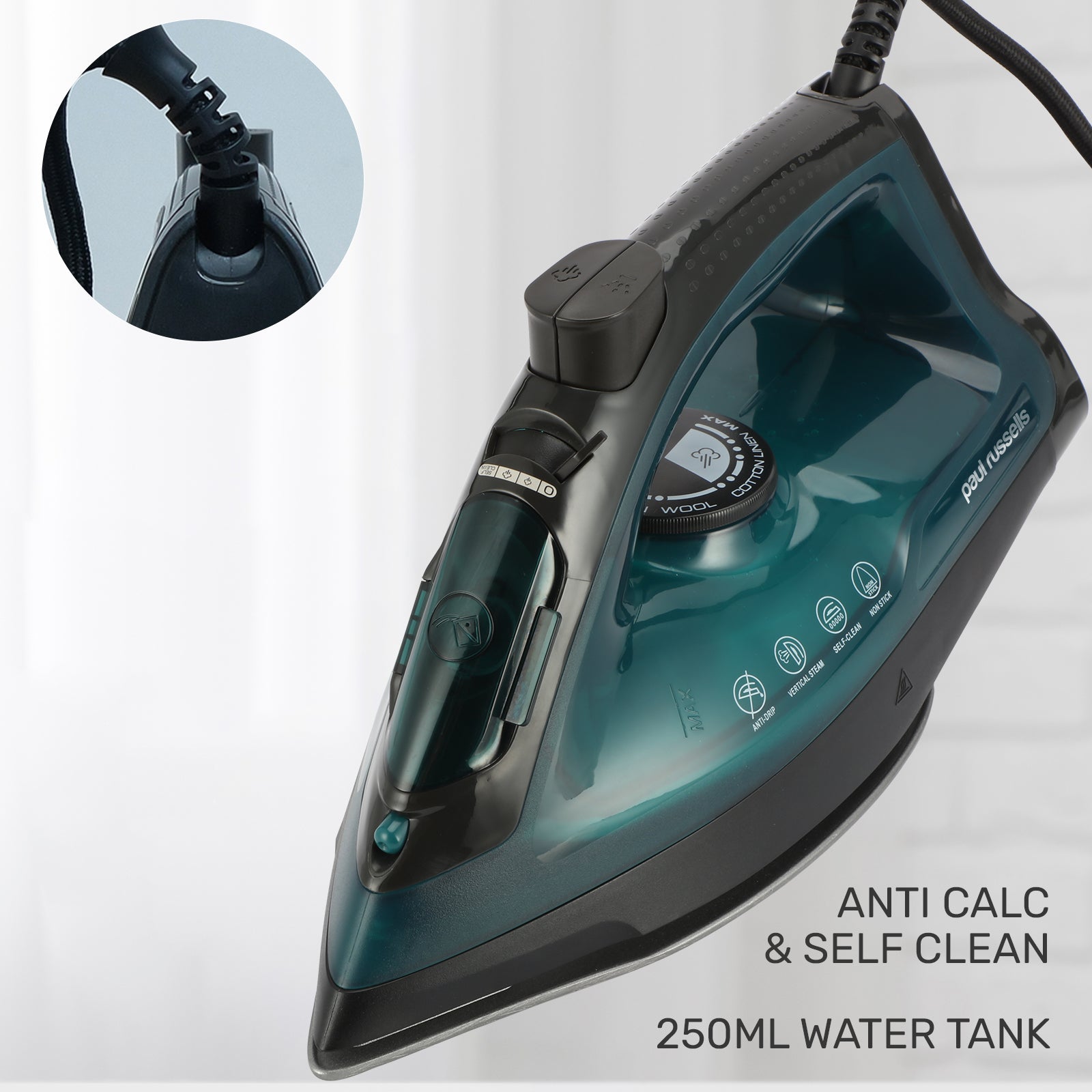 Paul Russells 2400W Steam Iron - Continuous 30g/min Steam, 240V Variable Output, Anti-Drip/Anti-Calc Filter, Vertical Jet Steam Boost, 250ml Water Tank, Power Indicator Light