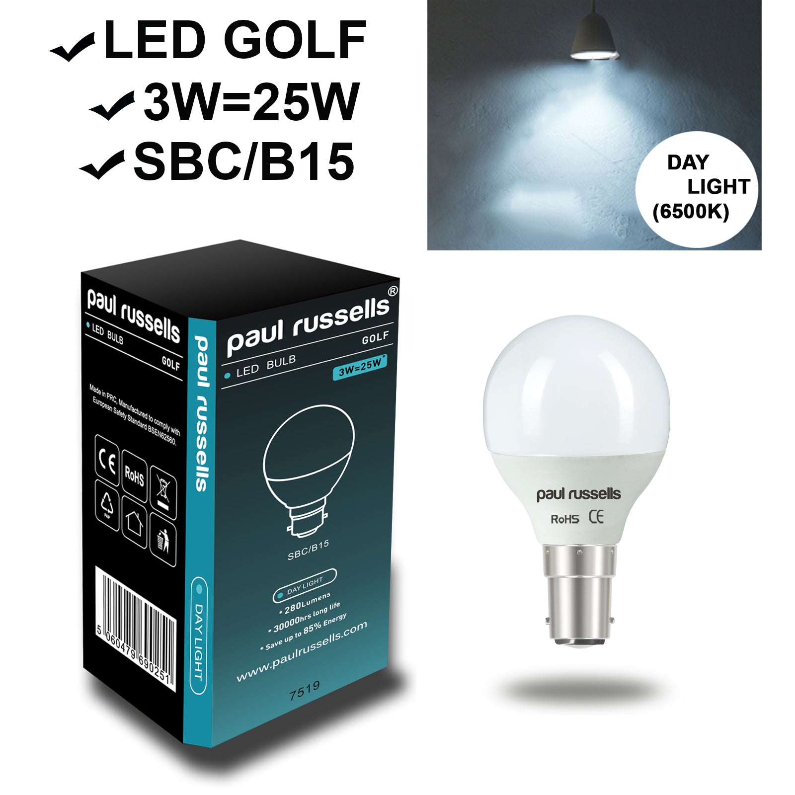 LED Golf Ball 3W=25W Day Light Small Bayonet Cap SBC B15 Bulb