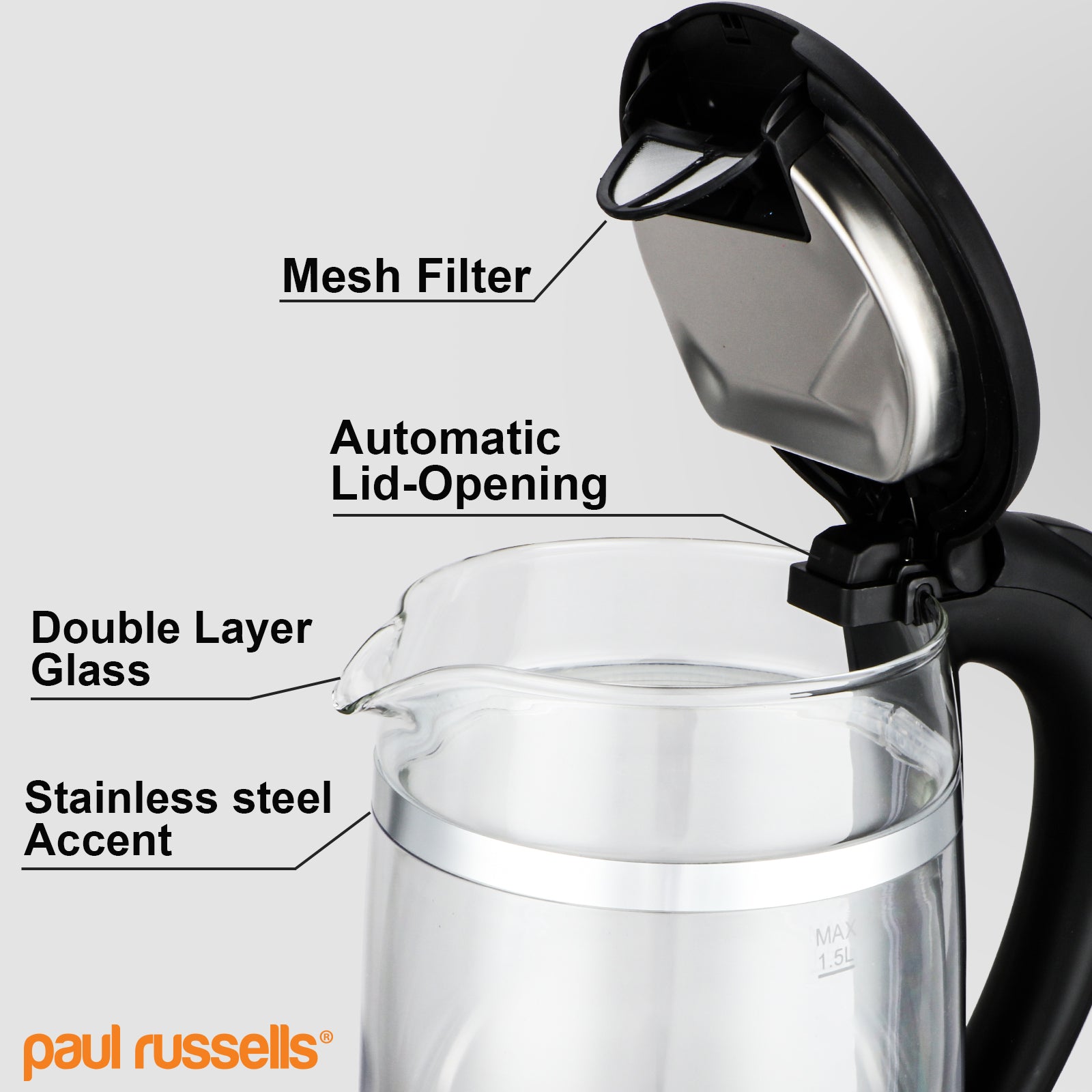 Paul Russells Electric Kettle, Quiet fast Boil, Double Layer Glass,3000W 1.5L with Blue LED, Boil-Dry Protection, Stainless Steel plate, Fast Boil Hot water dispenser, Instant Kettle, Black