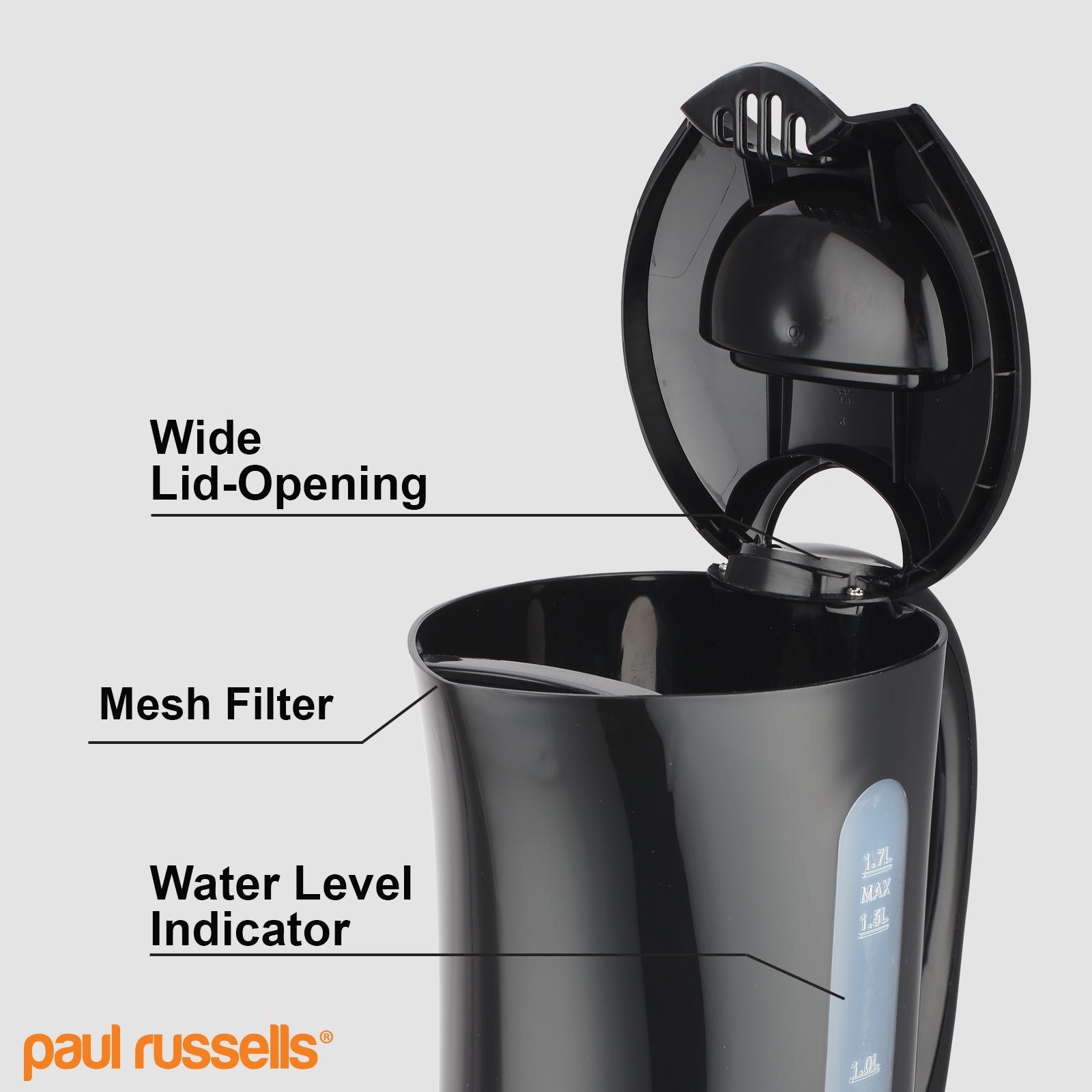 Electric Plastic Kettle, 2200W 1.7L, Hot water dispenser, Black Boil-Dry Protection, Auto Shut off Stirx Control