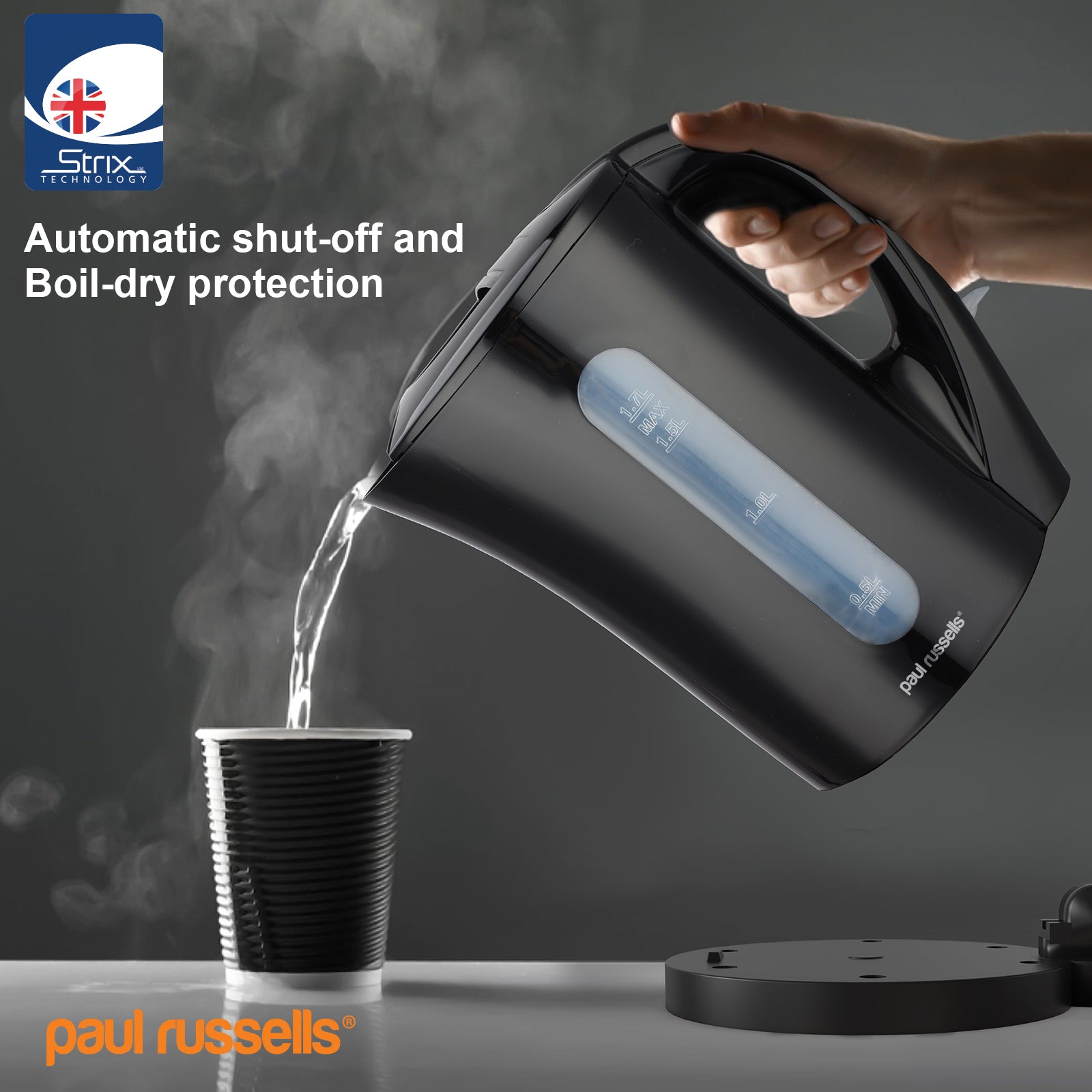 Electric Plastic Kettle, 2200W 1.7L, Hot water dispenser, Black Boil-Dry Protection, Auto Shut off Stirx Control