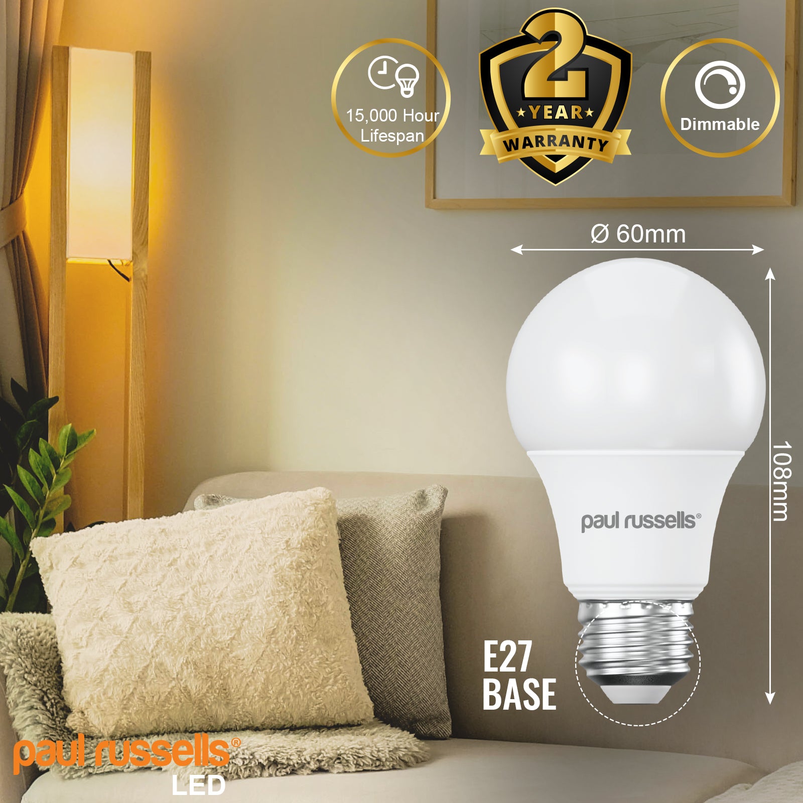 LED Dimmable GLS 8.5W=60W Warm White Edison Screw ES E27 Bulbs