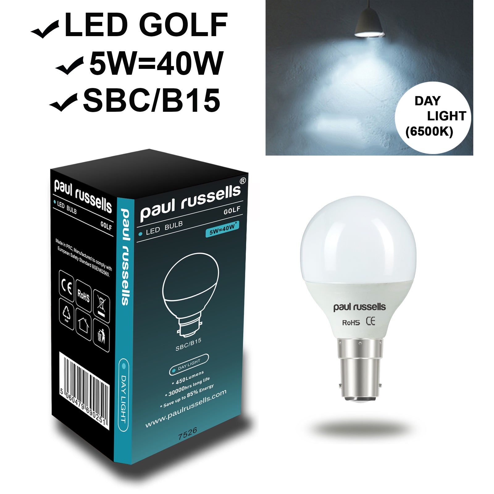 LED Golf Ball 5W=40W Day Light Small Bayonet Cap SBC B15 Bulb