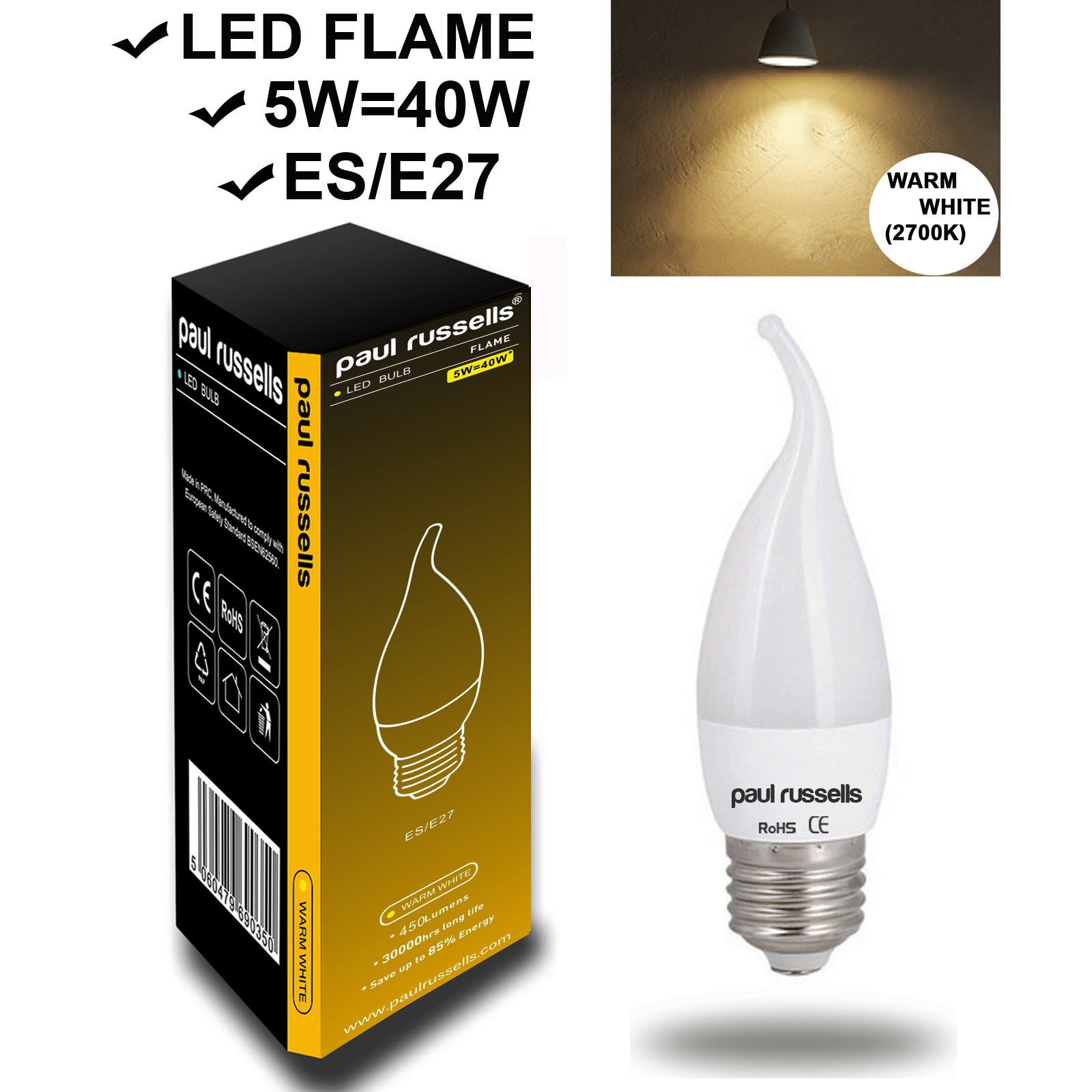 LED Bent Tip Candle 5W=40W Warm White Edison Screw Bulb