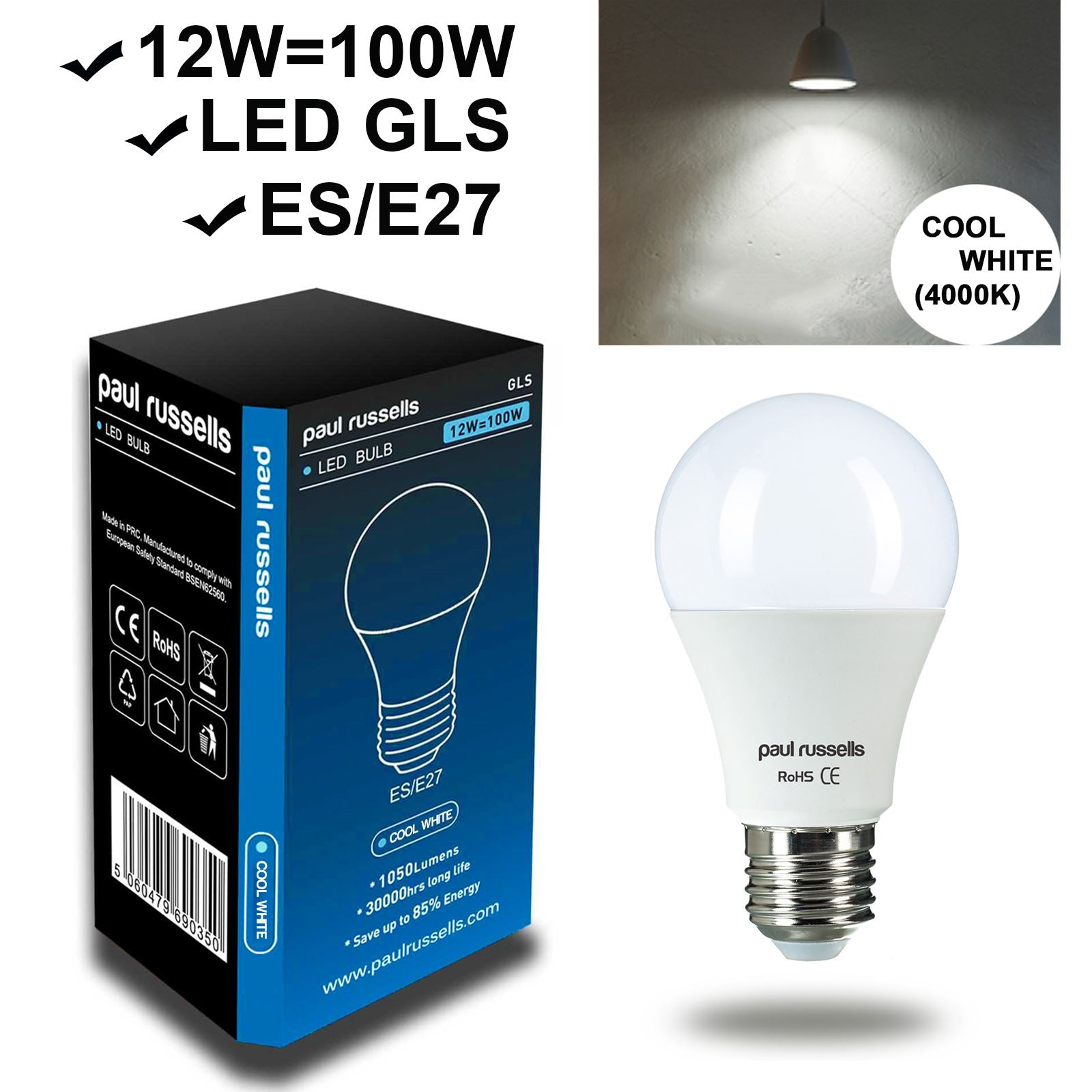 10x Pack LED Frosted GLS 12W=100W Cool White 4000K ES E27 Edison Screw Bulbs [10 Bulbs]