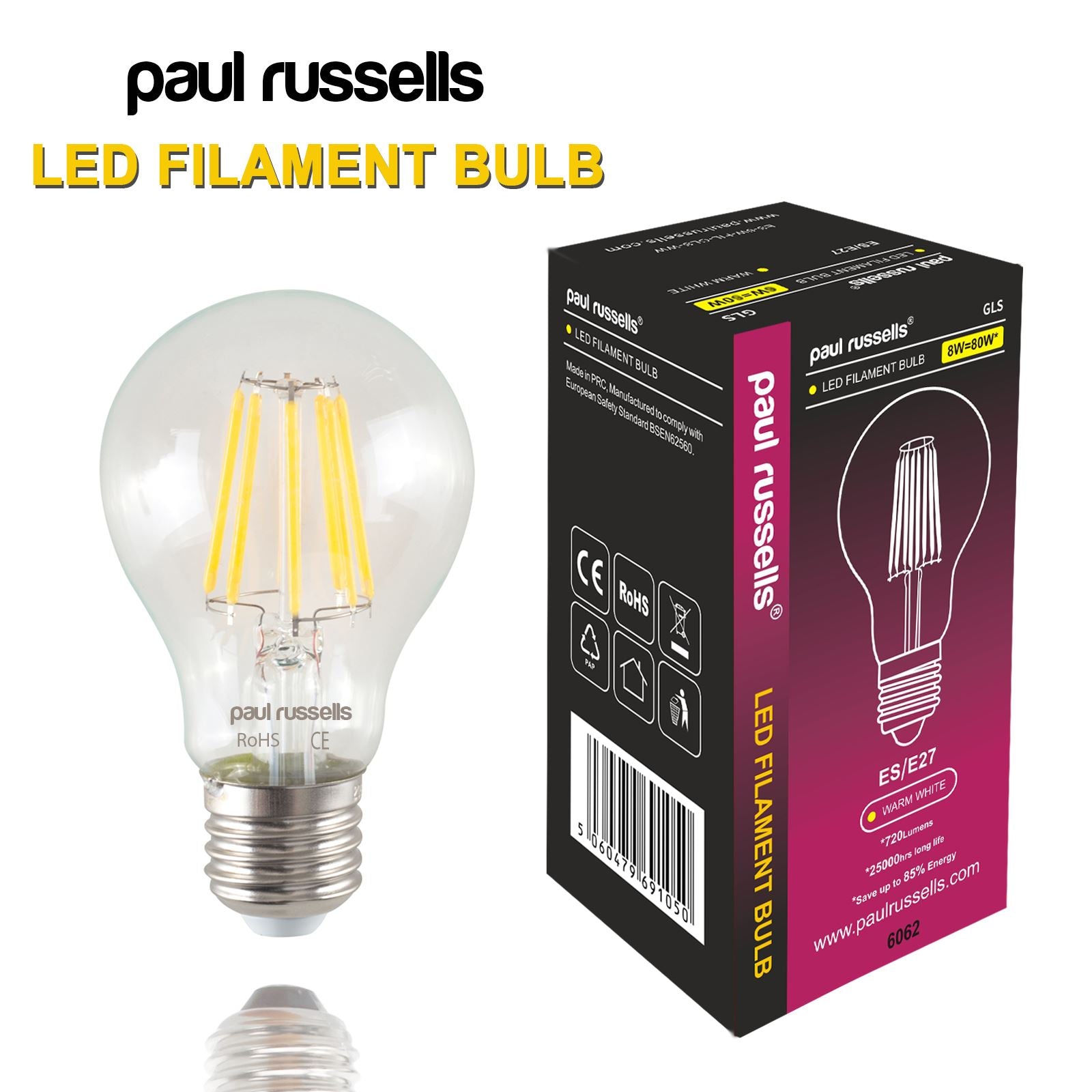 LED Filament GLS 8W=80W Warm White 2700K ES E27 Edison Screw Cap Bulbs