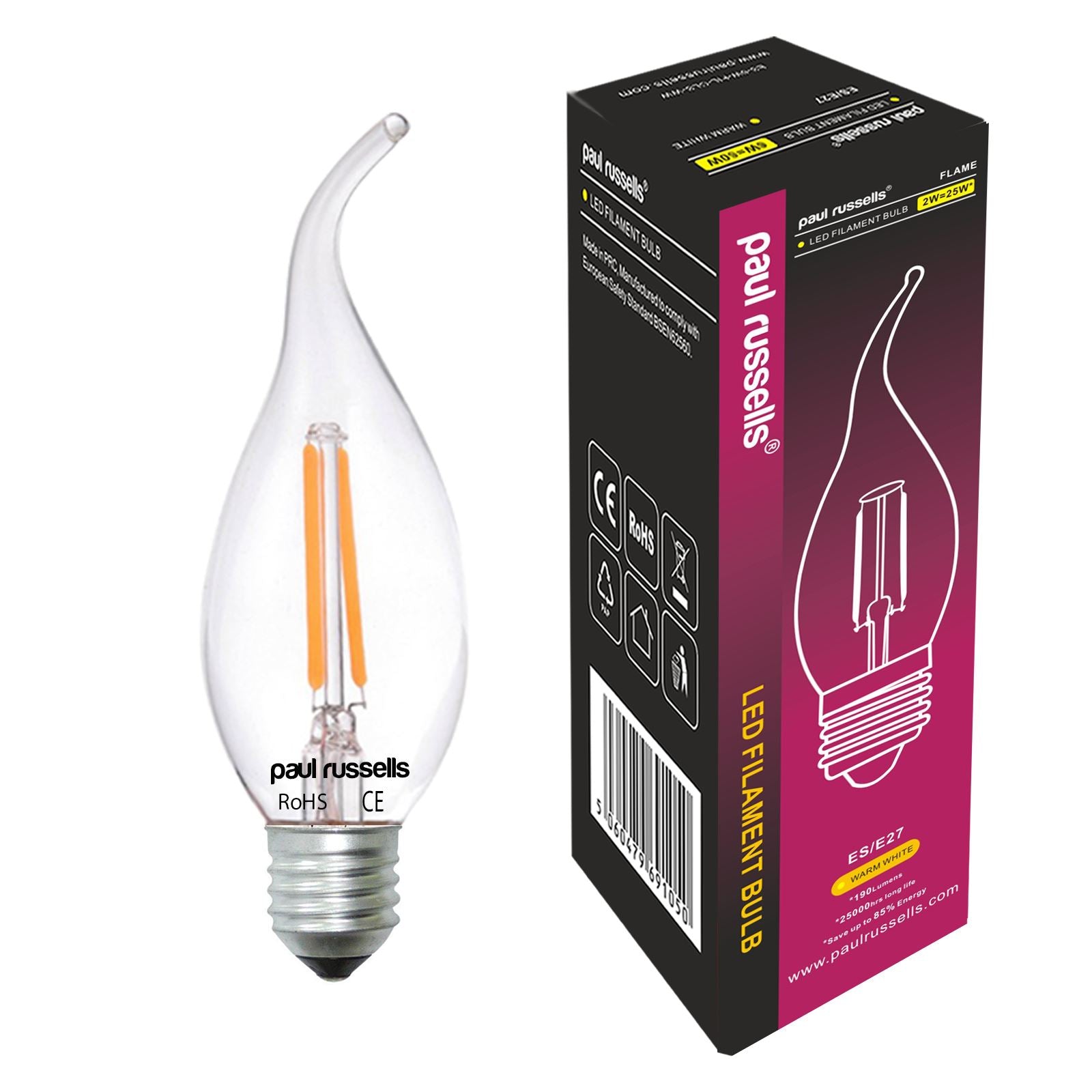 20x Pack LED Filament Bent Tip Candle 2W=25W Warm White ES E27 Edison Screw Bulbs