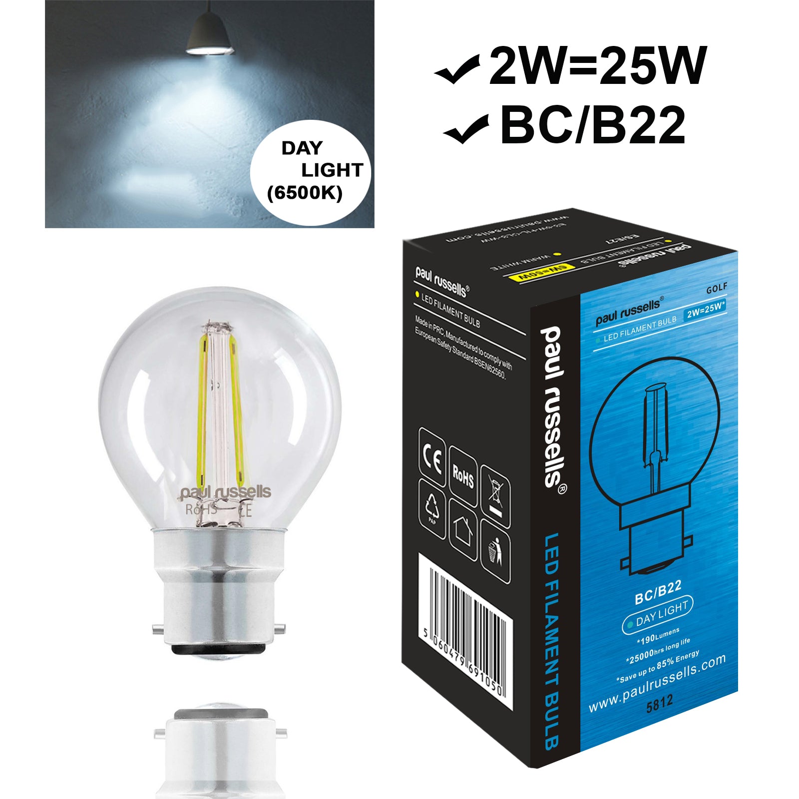 LED Filament Golf Ball 2W=25W Day Light BC B22 Bayonet Cap Bulb