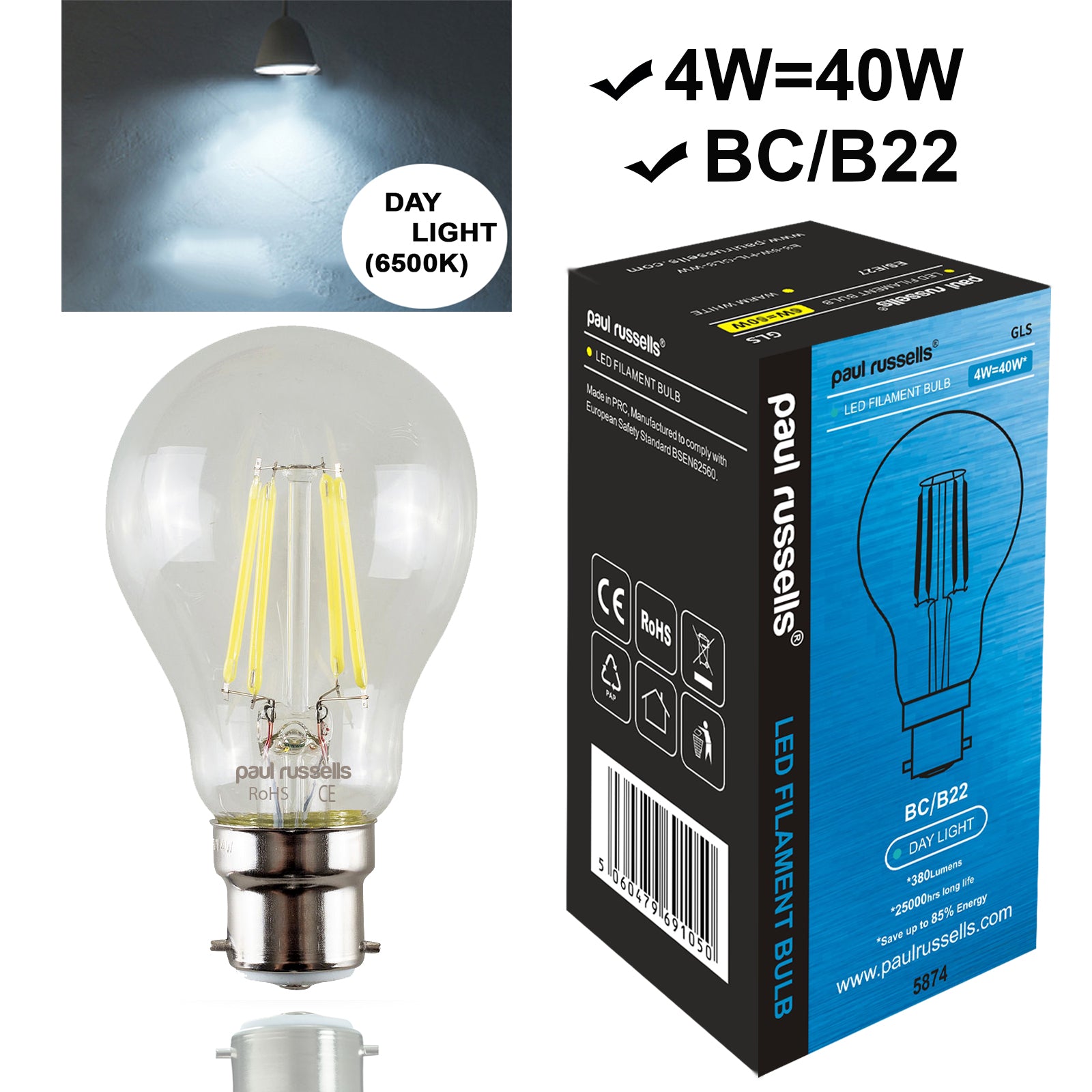 LED Filament GLS 4W=40W Day Light BC B22 Bayonet Bulb