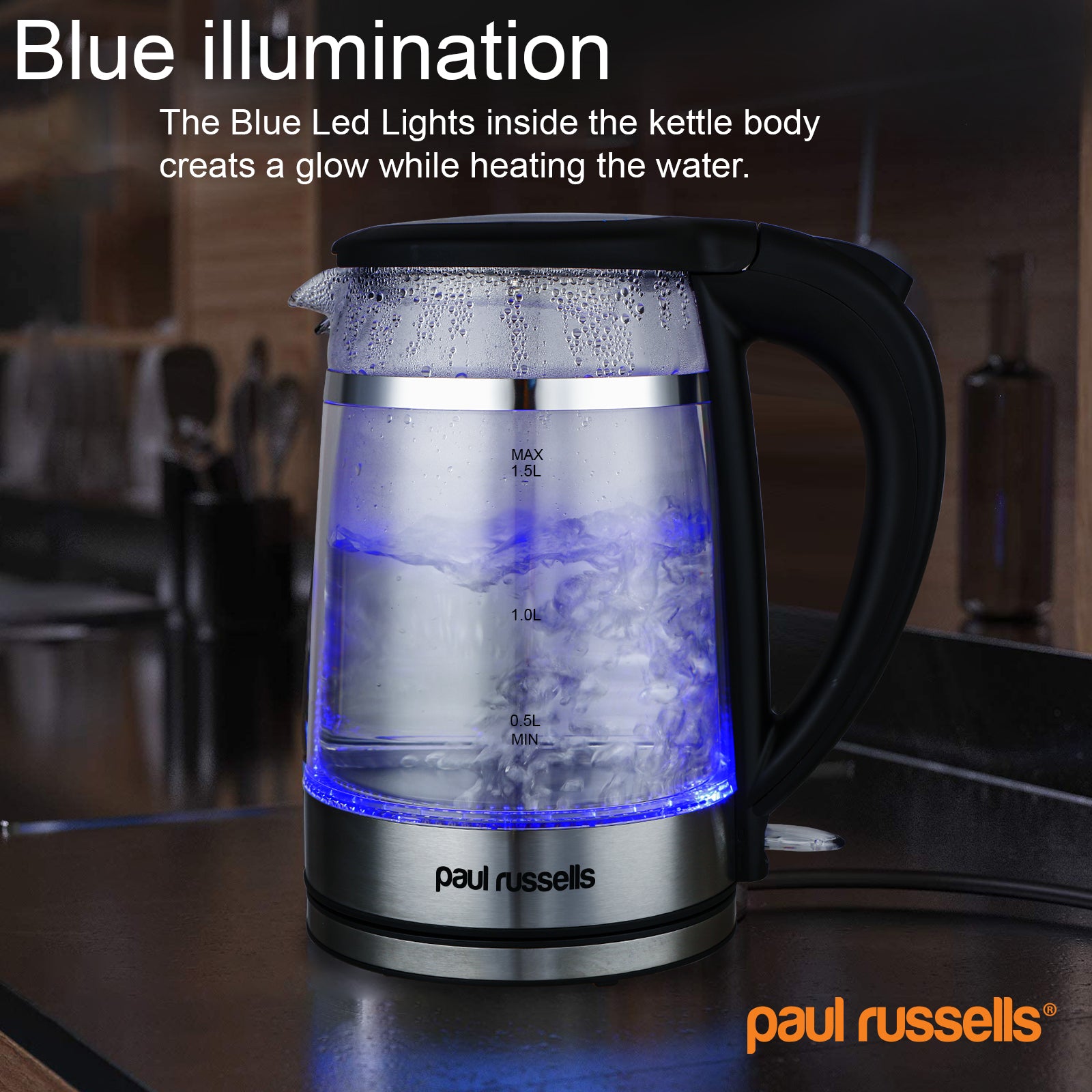 Paul Russells Electric Kettle, Quiet fast Boil, Double Layer Glass,3000W 1.5L with Blue LED, Boil-Dry Protection, Stainless Steel plate, Fast Boil Hot water dispenser, Instant Kettle, Black