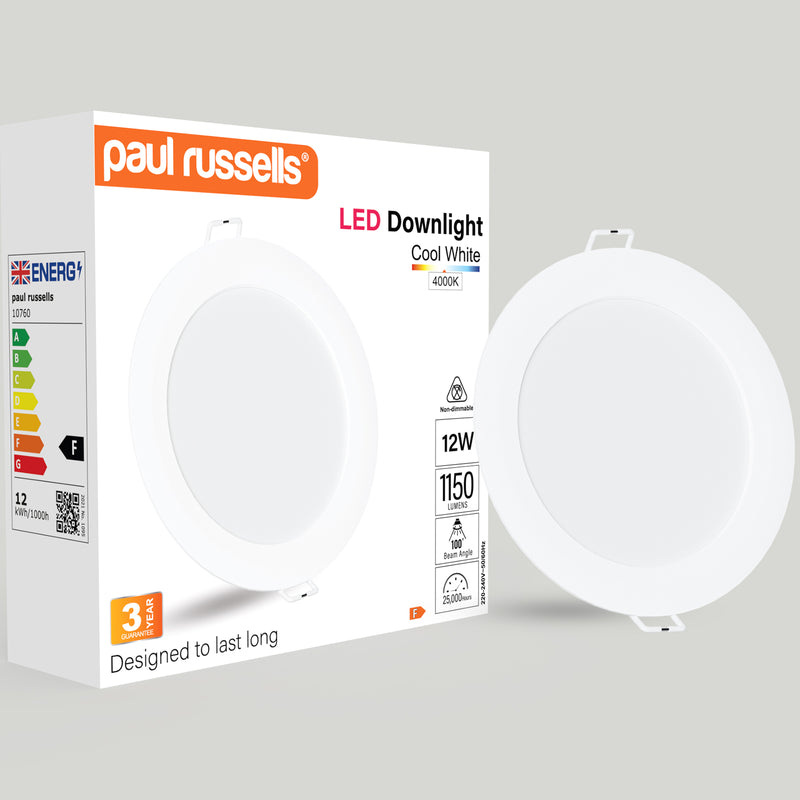 12W, LED Round Ceiling Downlights, 1150 Lumens, 4000K Cool White, Non-Dimmable Panel Spotlights