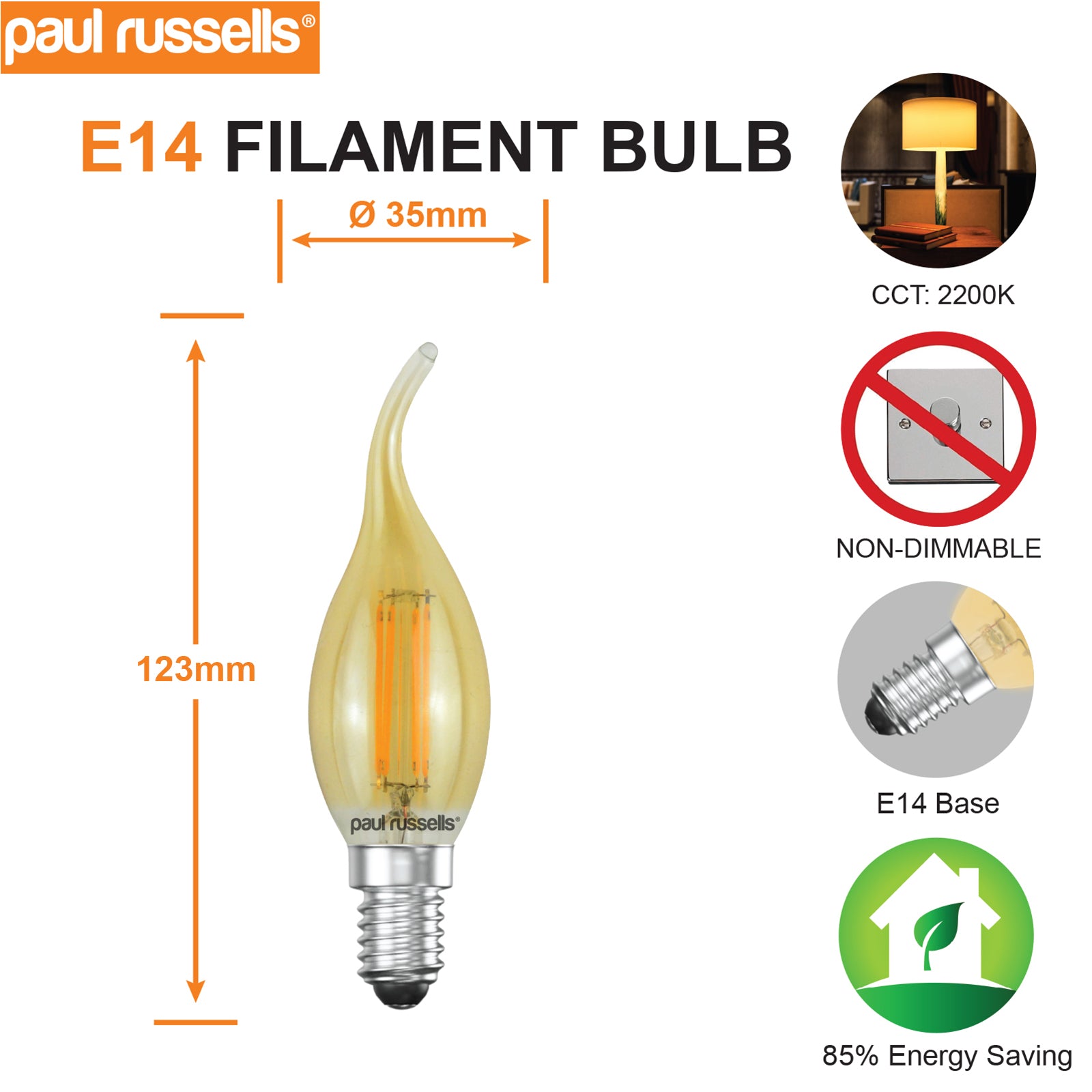 LED Filament Bent Tip Candle 4.5W=35W Extra Warm White (Amber) SES E14 Small Edison Screw Bulbs