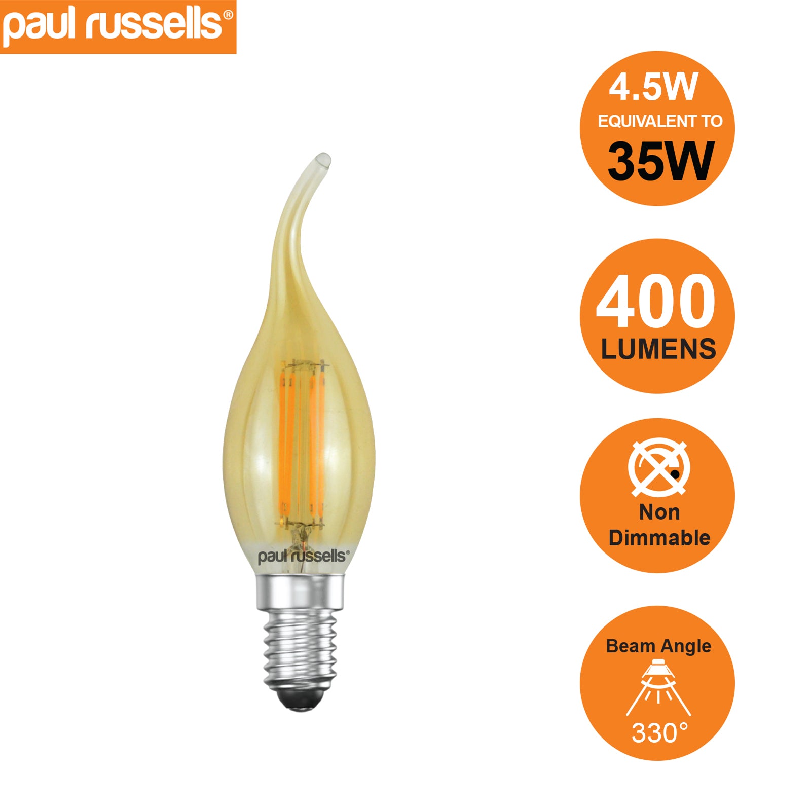 LED Filament Bent Tip Candle 4.5W=35W Extra Warm White (Amber) SES E14 Small Edison Screw Bulbs