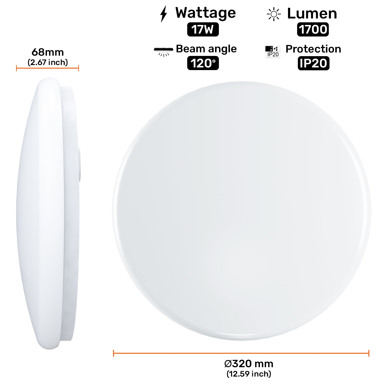 17W, LED Round Ceiling Downlights, 100W Equivalent, IP20, 1700 Lumens, 6500K Day Light, Non-Dimmable Panel Spotlights