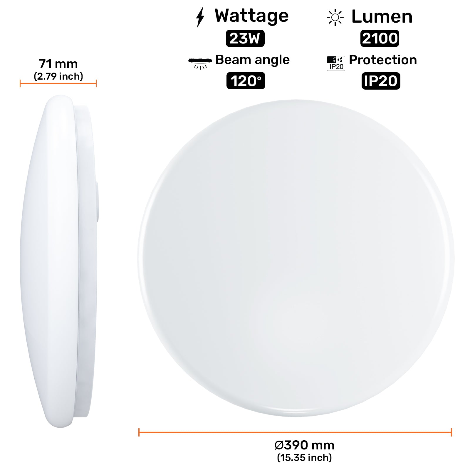 23W, LED Round Ceiling Downlights, 125W Equivalent, IP20, 2100 Lumens, 6500K Day Light, Non-Dimmable Panel Spotlights
