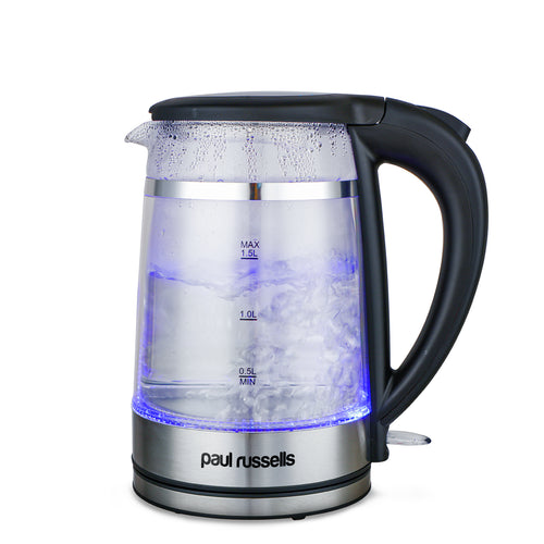 Paul Russells Electric Kettle, Quiet fast Boil, Double Layer Glass,3000W 1.5L with Blue LED, Boil-Dry Protection, Stainless Steel plate, Fast Boil Hot water dispenser, Instant Kettle, Black