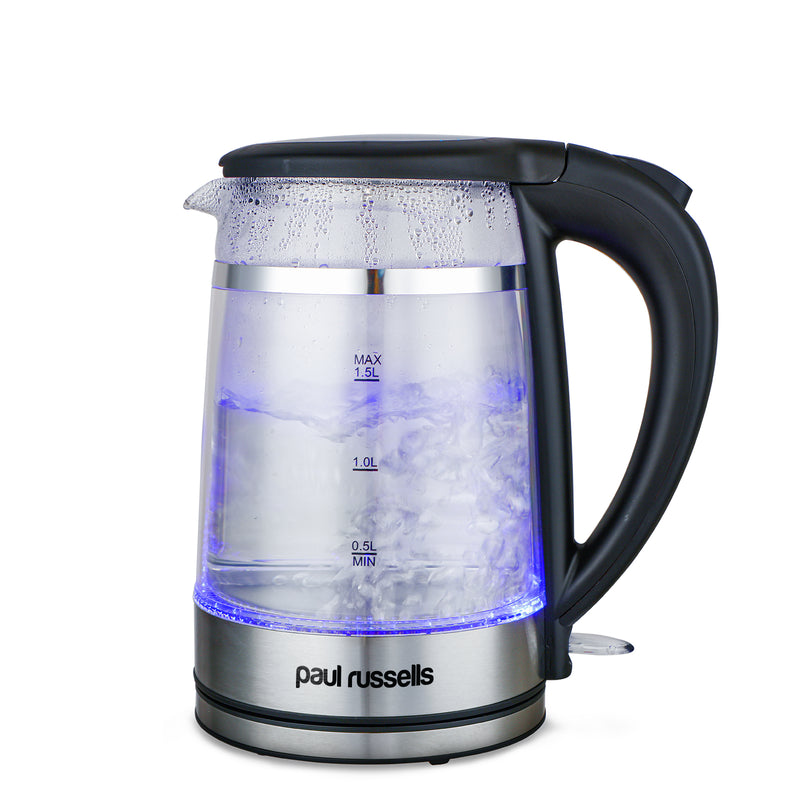 Paul Russells Electric Kettle, Quiet fast Boil, Double Layer Glass,3000W 1.5L with Blue LED, Boil-Dry Protection, Stainless Steel plate, Fast Boil Hot water dispenser, Instant Kettle, Black