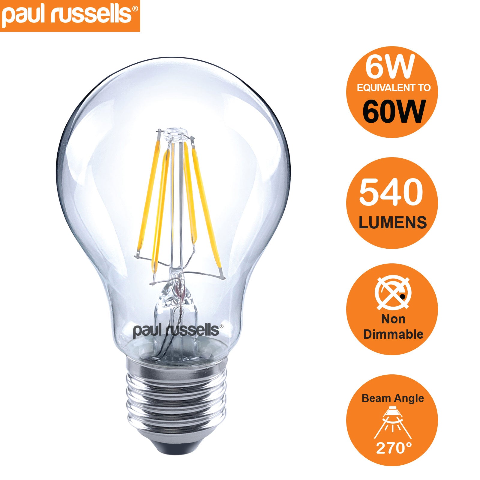 LED Filament GLS 6W=60W Warm White Edison Screw Cap Bulbs