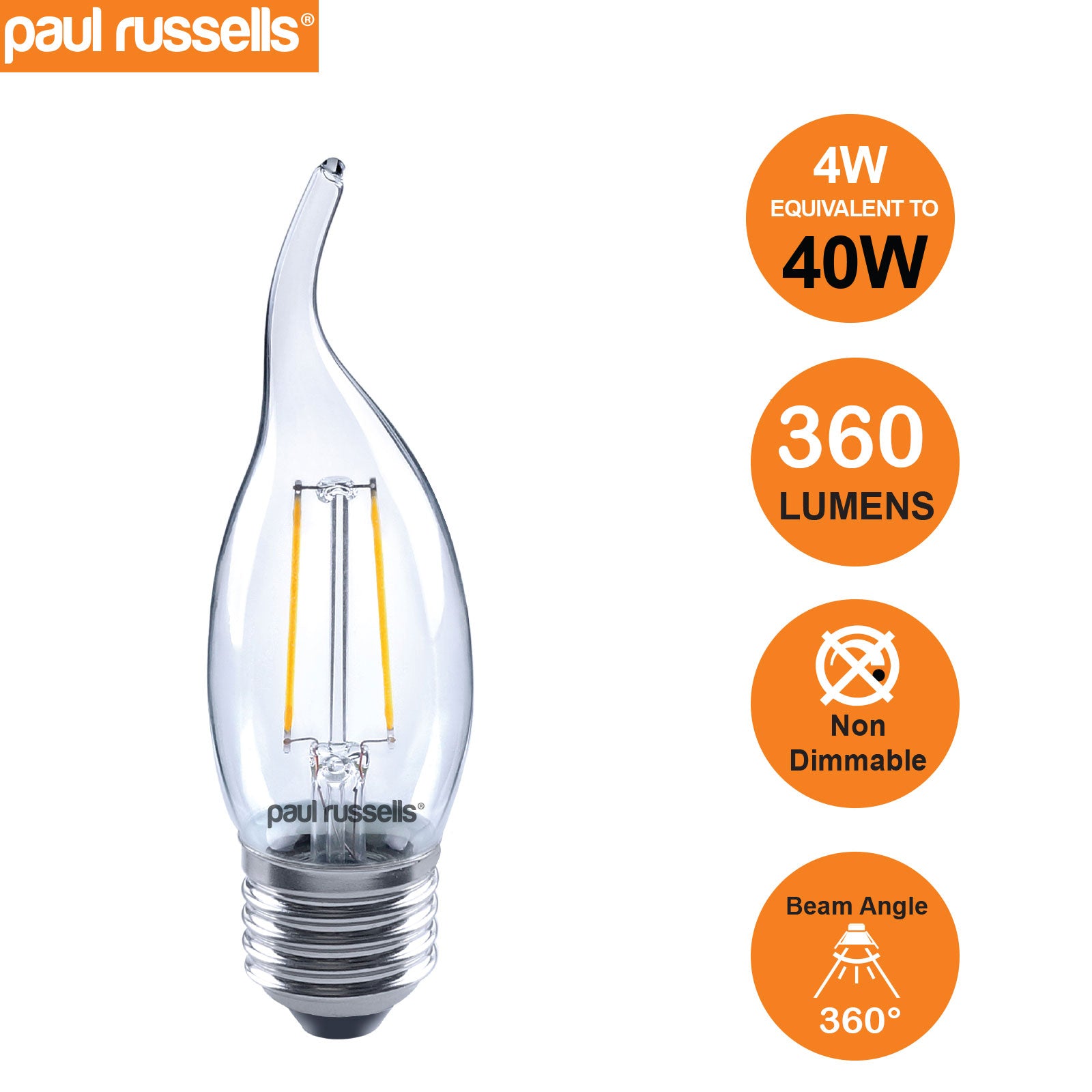 LED Filament Bent Tip Candle 4W=40W Warm White ES E27 Edison Screw Bulbs