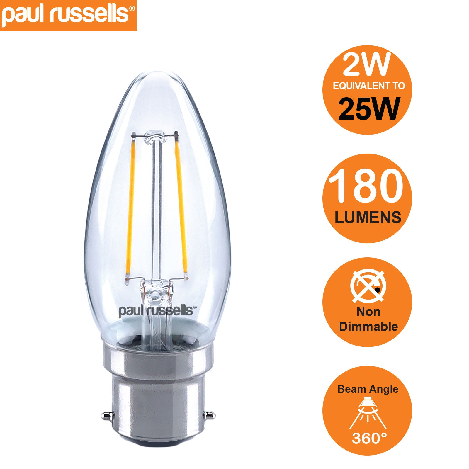 LED Filament Candle 2W=25W Day Light BC B22 Bayonet Bulbs