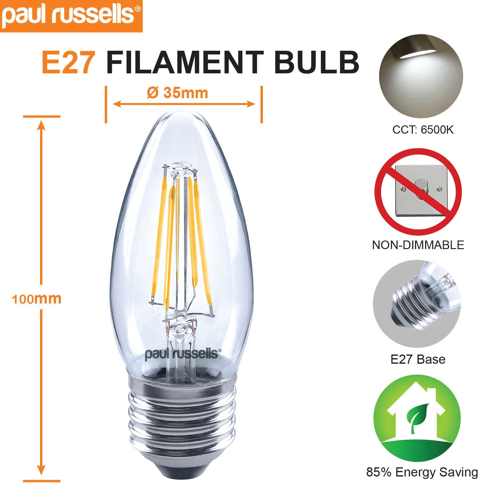 LED Filament Candle 4W=40W Day Light E27 ES Edison Screw Bulbs