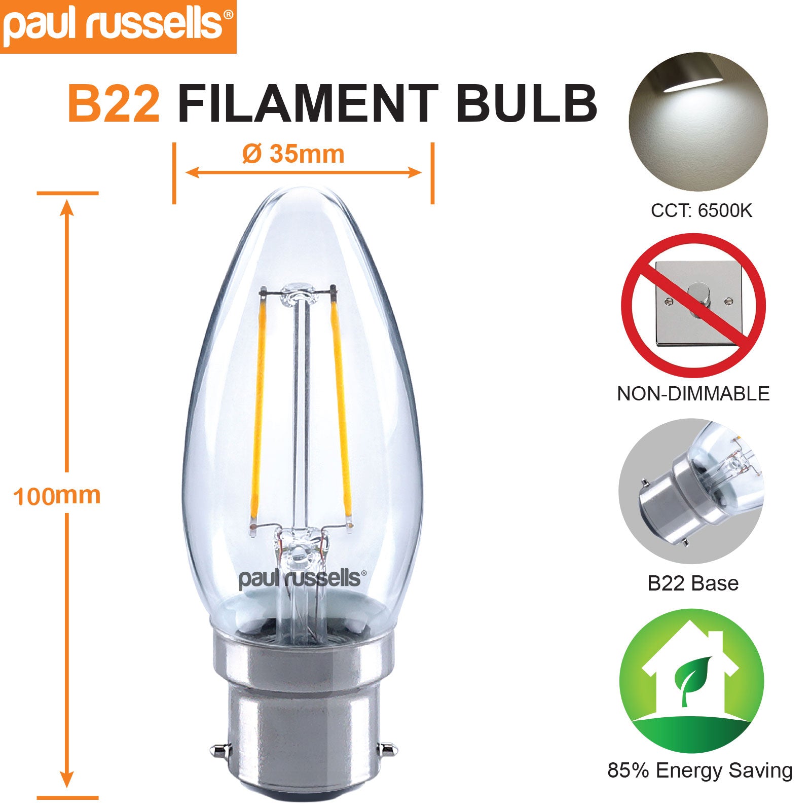 LED Filament Candle 2W=25W Day Light BC B22 Bayonet Bulbs