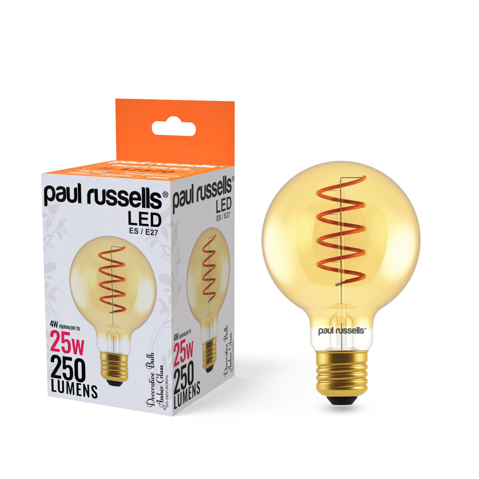 White G80 ES E27 Warm Spiral LED russells paul Edison Filament (AMBER) Extra 4W=25w –