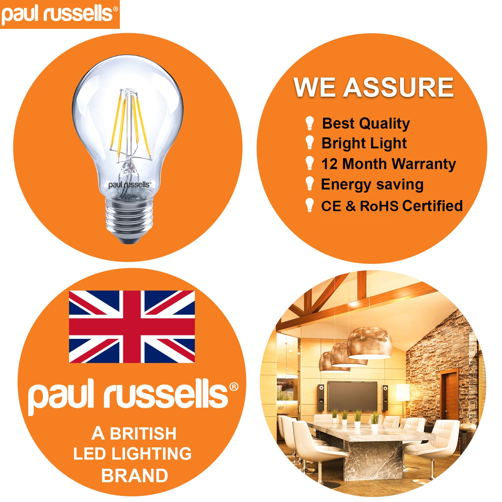 LED Filament GLS 6W=60W Warm White Edison Screw Cap Bulbs