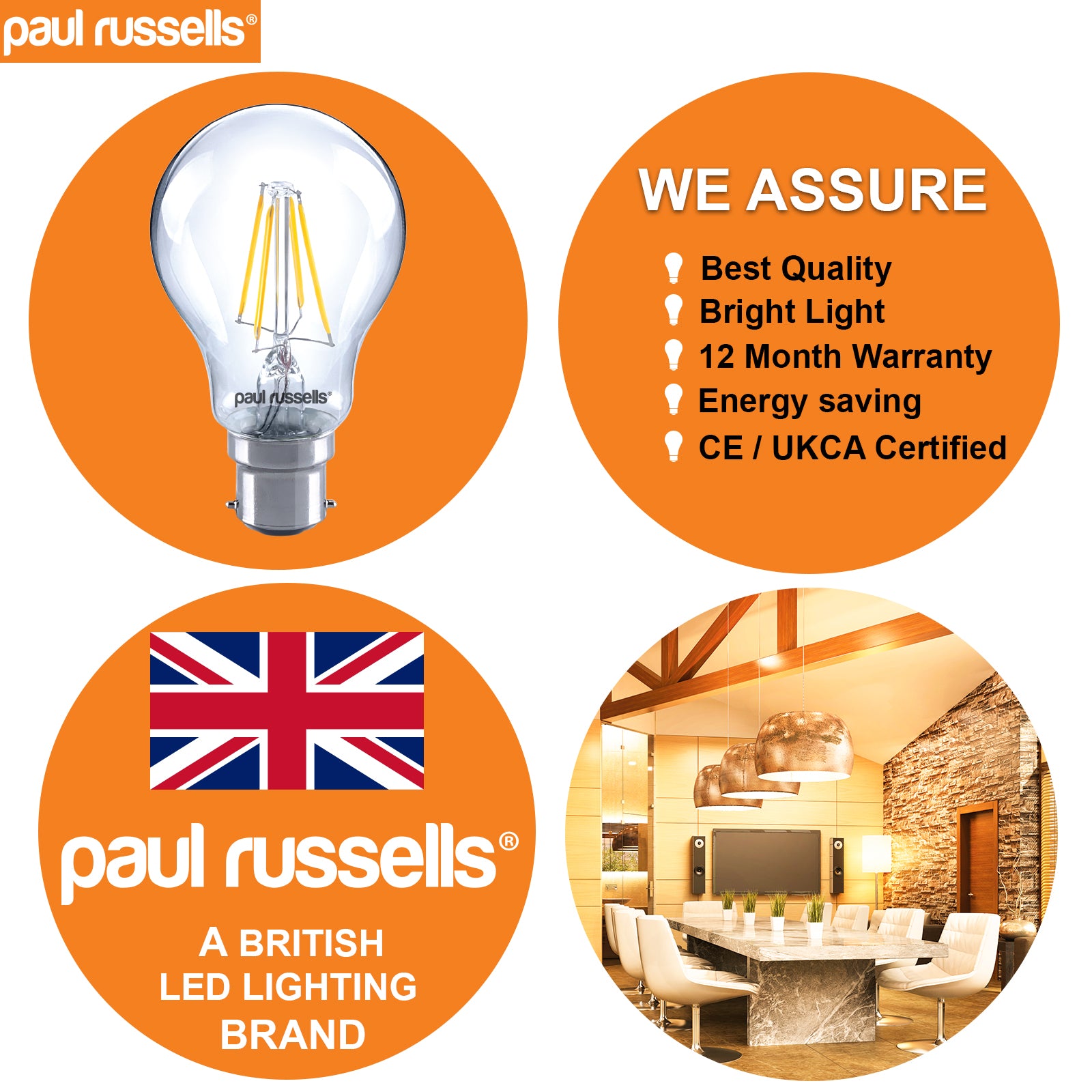 LED Filament GLS 7W=60W Warm White BC B22 Bayonet Cap Bulbs