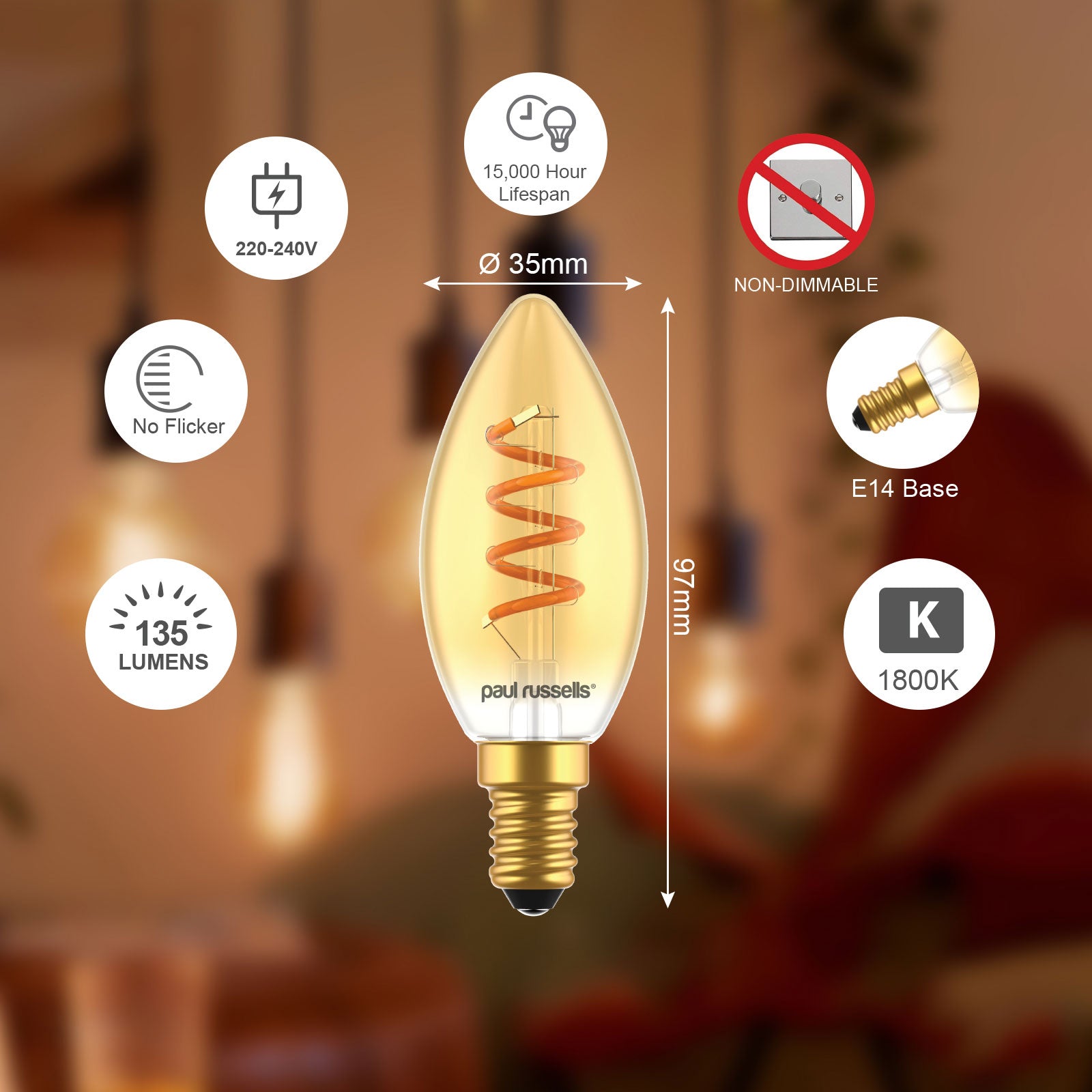 LED Filament Spiral Candle 2.5W=15w Extra Warm White (AMBER) SES E14 Small Edison Screw Decorative Bulbs