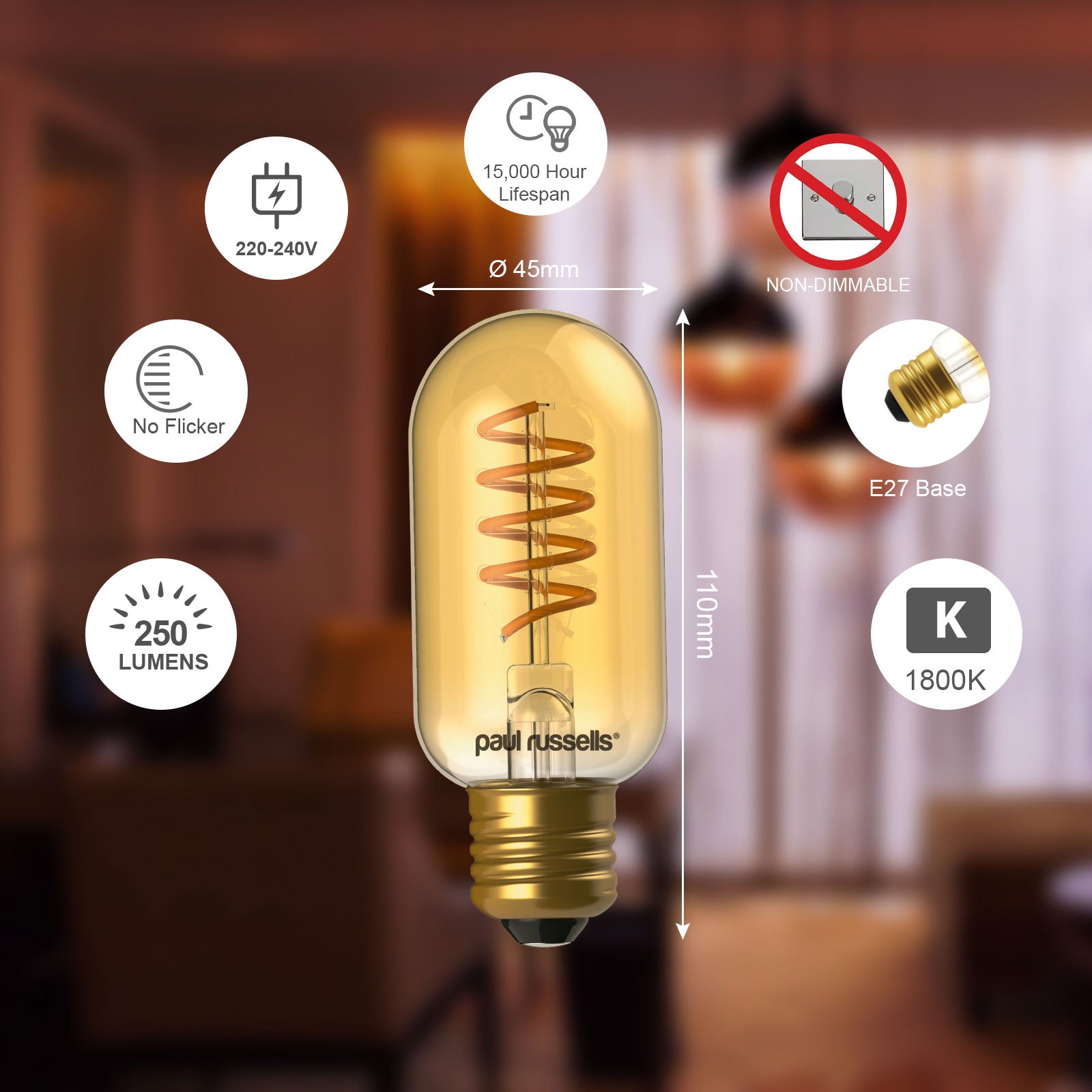 LED Filament Spiral T45 4W=25w Extra Warm White (AMBER) ES E27 Edison Screw Decorative Bulbs